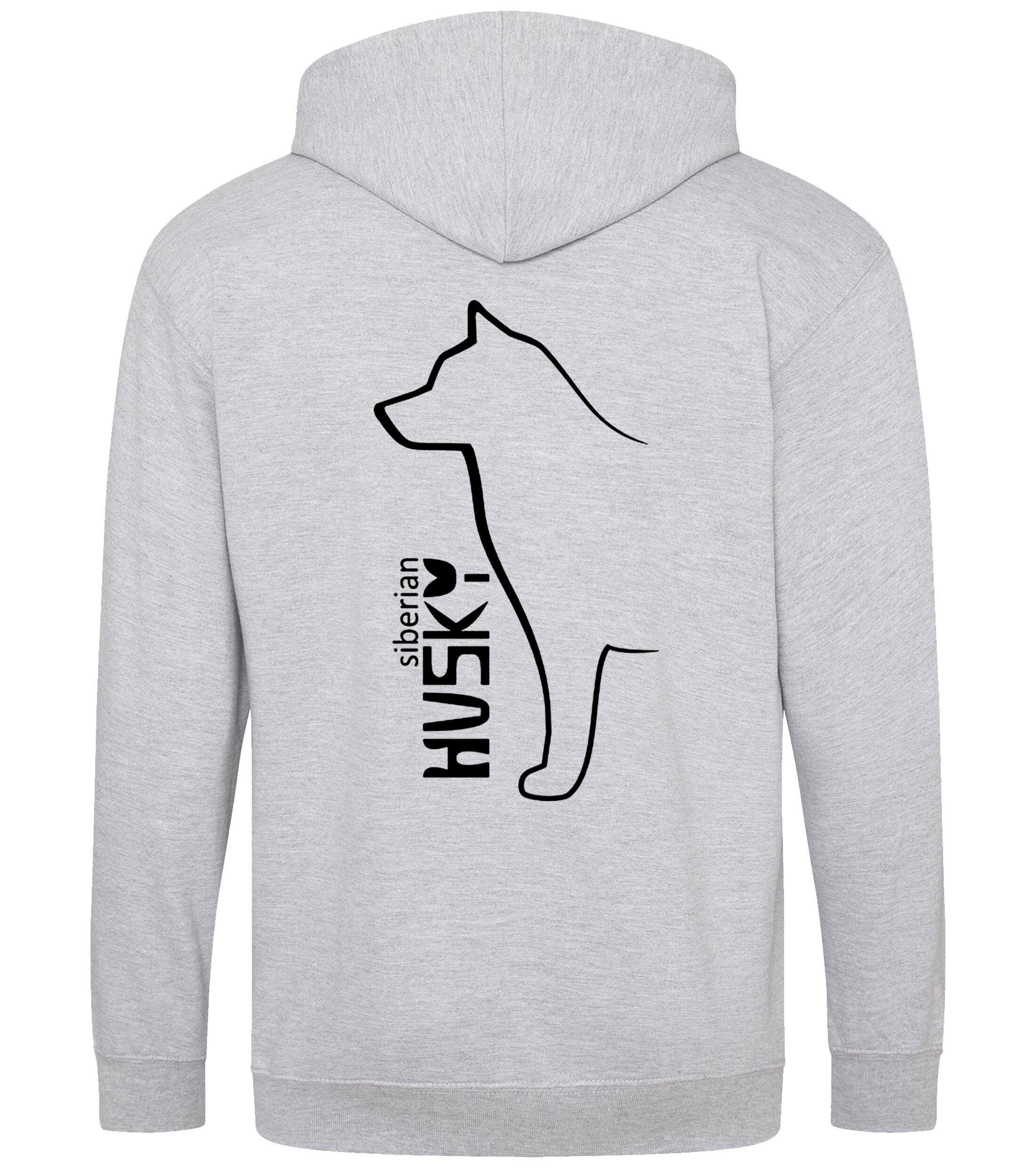 Unisex zipped hoodie featuring exclusive Siberian Husky artwork on the back and paw prints on the front, with a full-zip front, double-fabric hood, and cozy brushed fleece lining—ideal for Husky lovers seeking warmth and style.