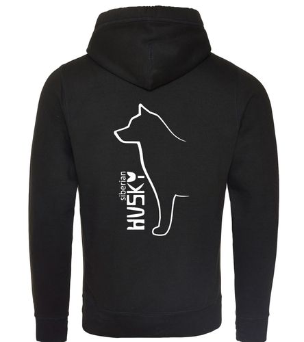 Unisex crossneck pullover hoodie featuring detailed Siberian Husky artwork on the back, made from heavy-blend fleece with a kangaroo pocket and ribbed cuffs—ideal for Husky enthusiasts seeking warmth and style.
