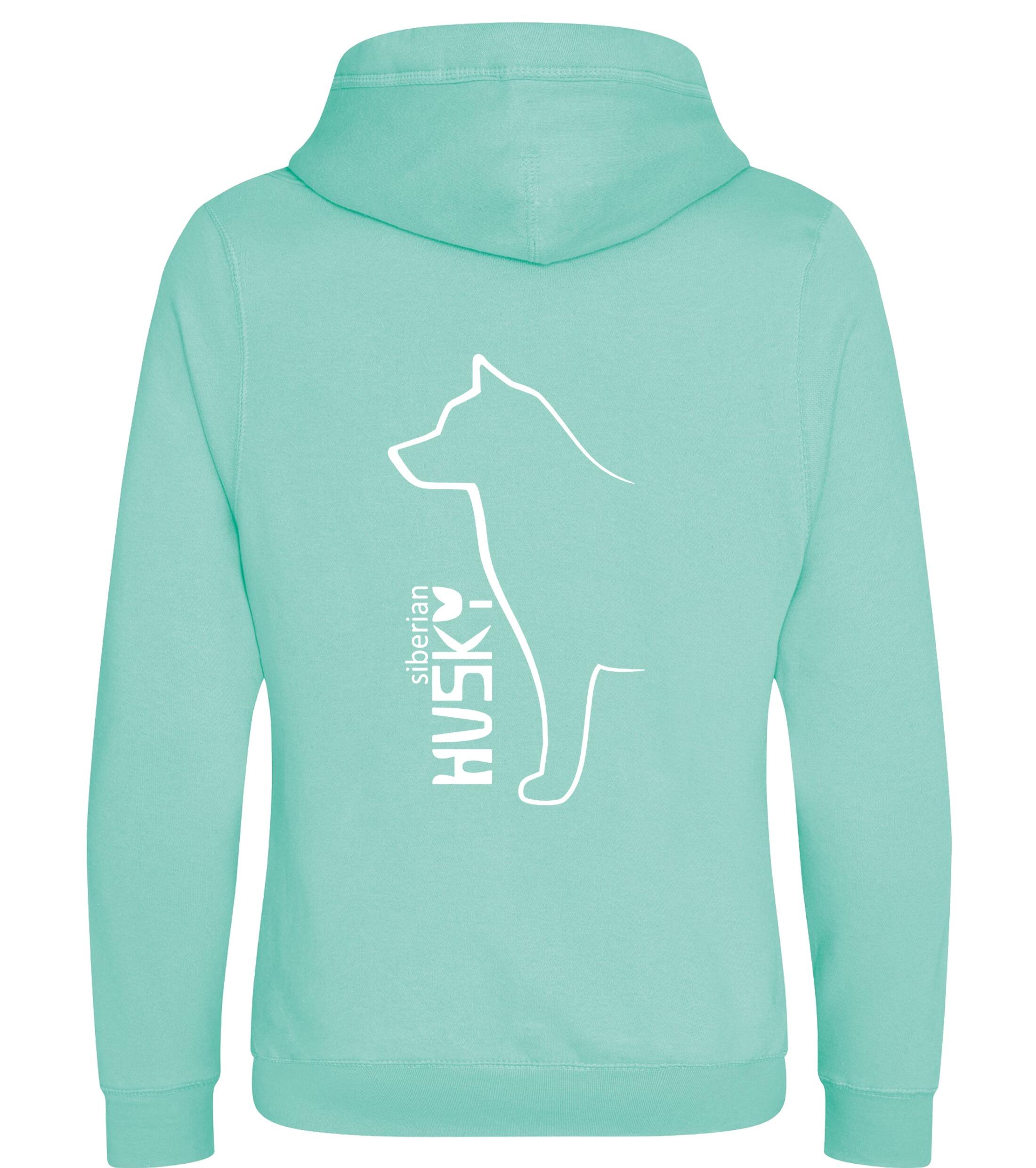 Unisex crossneck pullover hoodie featuring detailed Siberian Husky artwork on the back, made from heavy-blend fleece with a kangaroo pocket and ribbed cuffs—ideal for Husky enthusiasts seeking warmth and style.
