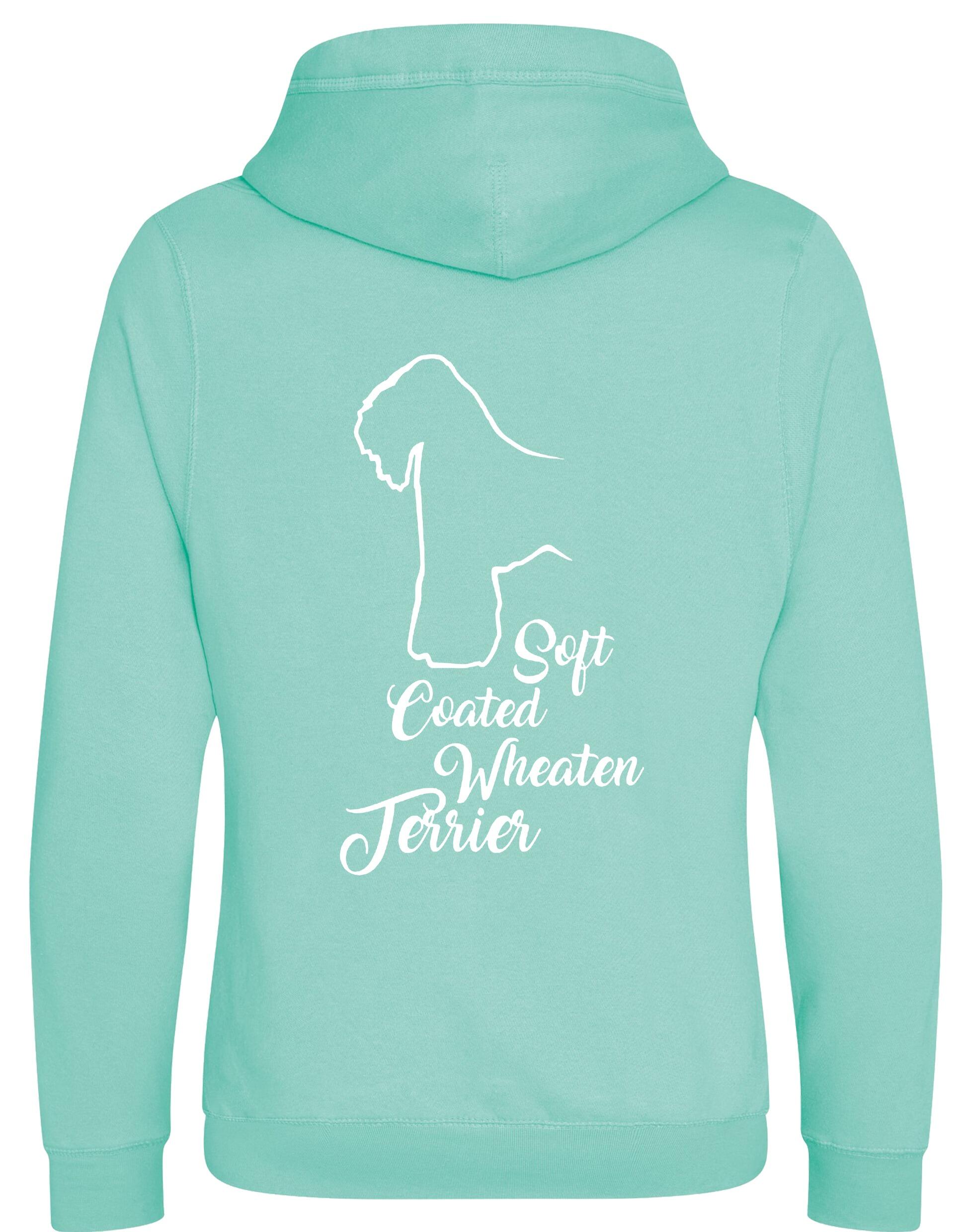 Unisex crossneck pullover hoodie with Soft Coated Wheaten Terrier artwork on the back, fleece-lined with kangaroo pocket