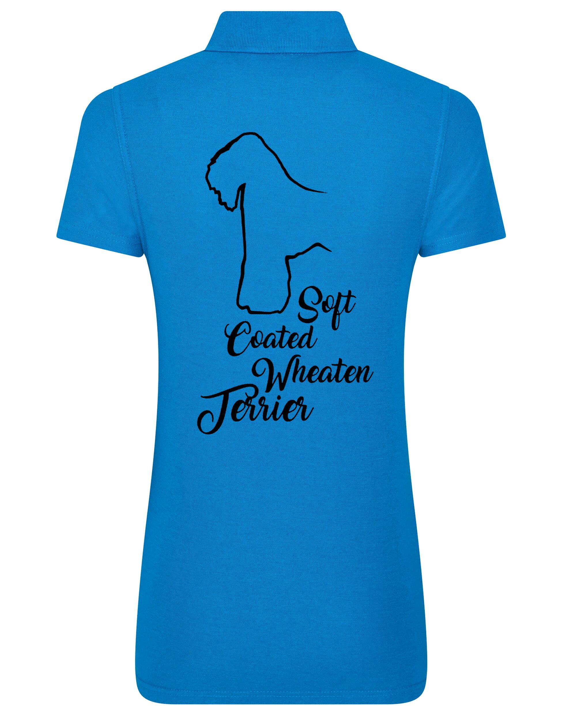 Women’s cotton polo shirt with Soft Coated Wheaten Terrier artwork on the back, breathable and flattering feminine fit