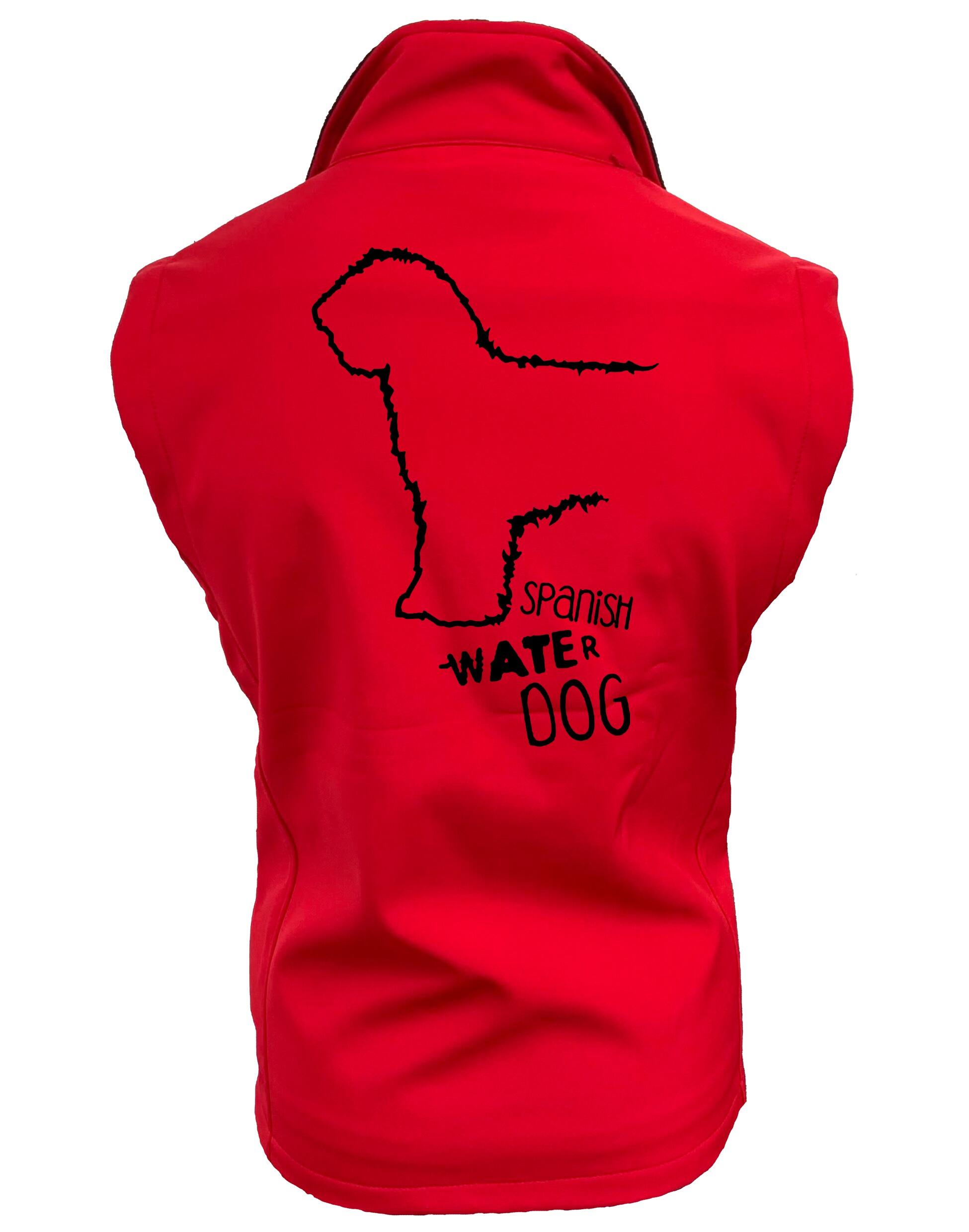 Unisex softshell gilet with Spanish Water Dog design on the back. Features water-resistant fabric, fleece lining, full-zip front, and side pockets—ideal for outdoor walks, breed events, or everyday layering.