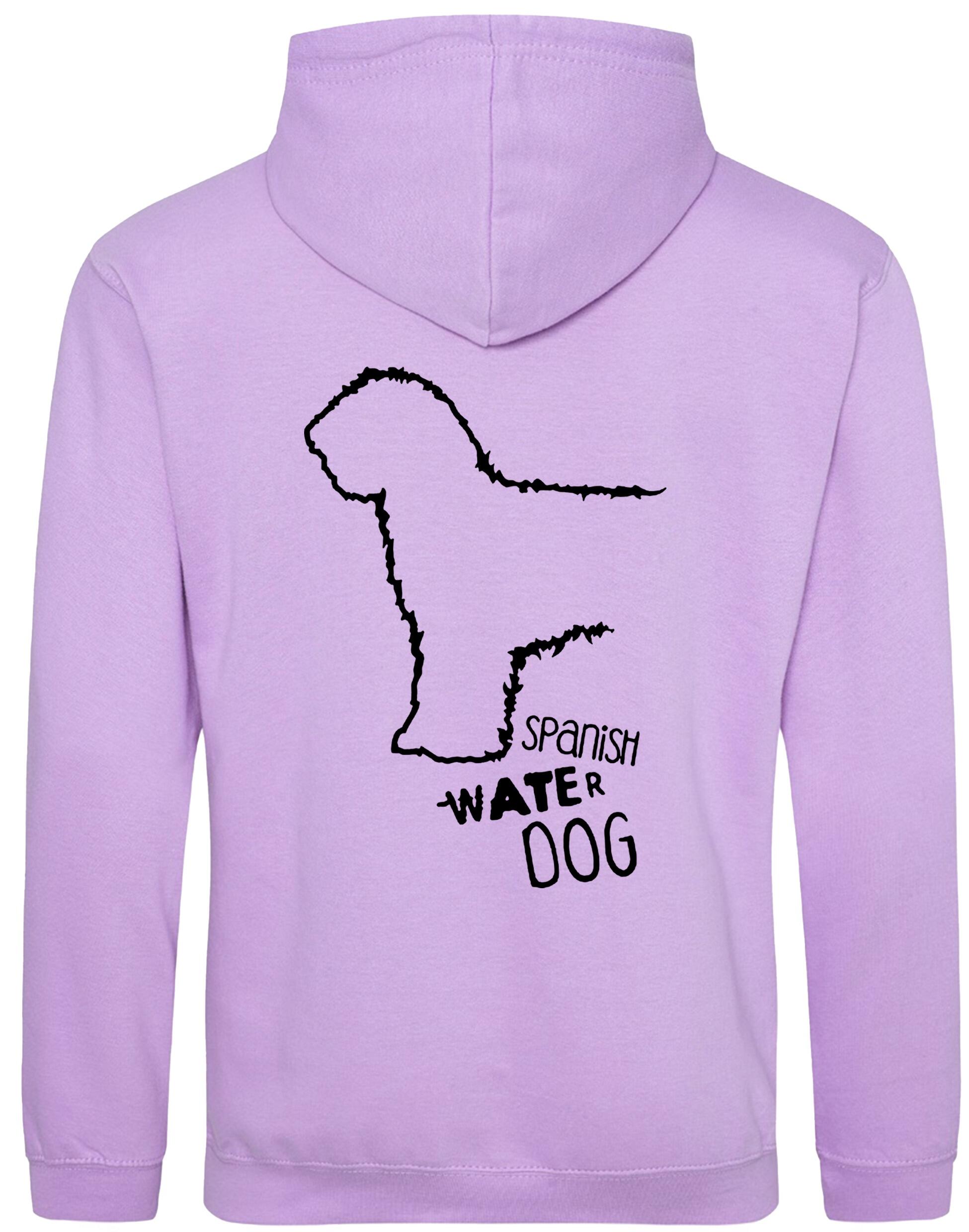 Pullover hoodie featuring Spanish Water Dog artwork on the back and paw prints on the front. Heavy-blend fabric with a brushed fleece interior, double-fabric hood, kangaroo pocket, and ribbed cuffs—ideal for cold weather, breed events, and casual comfort.