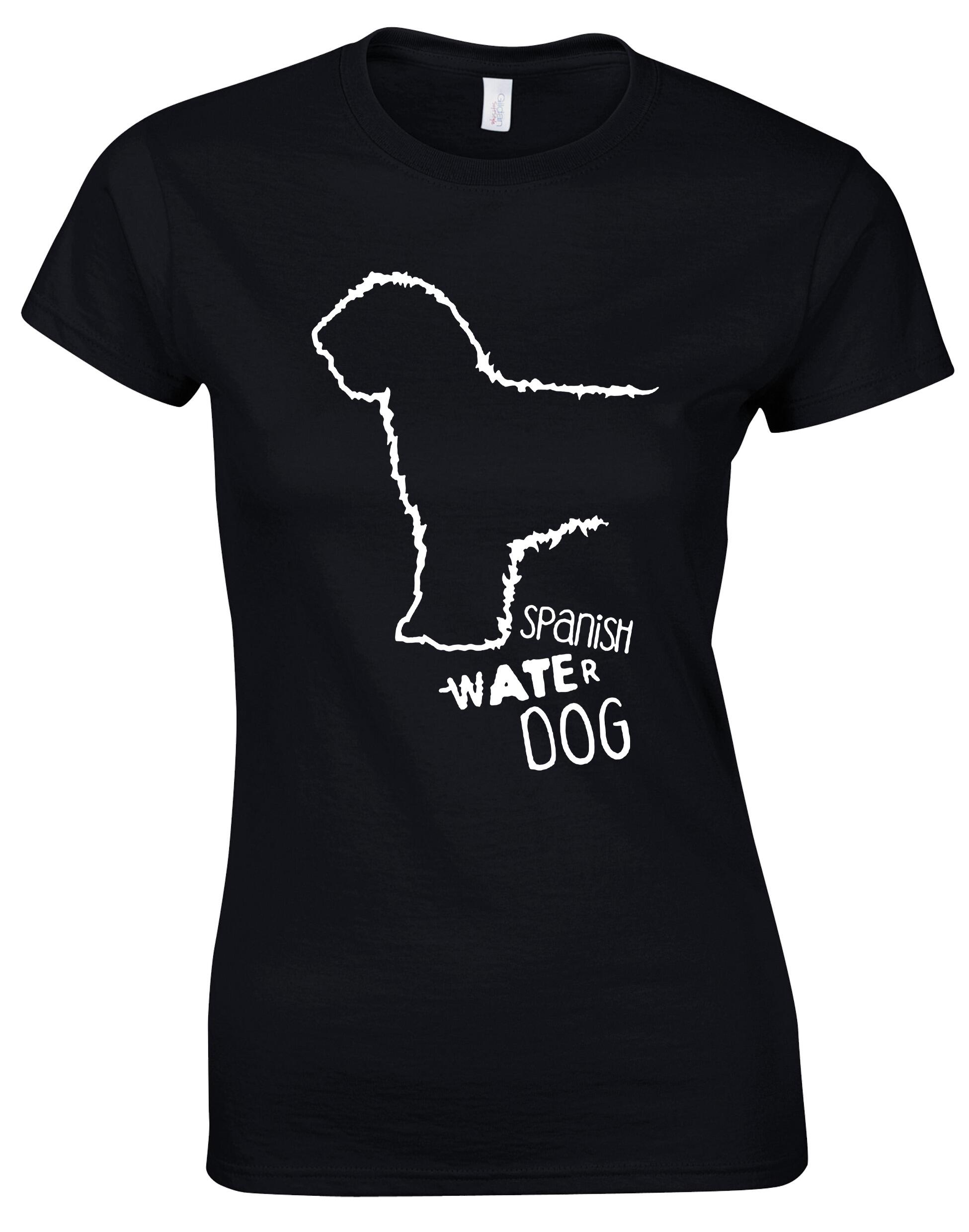 Female Roundneck T-shirt featuring Spanish Water Dog artwork on the front. Made from soft, breathable cotton with a tailored feminine fit and classic round neckline—perfect for breed lovers.