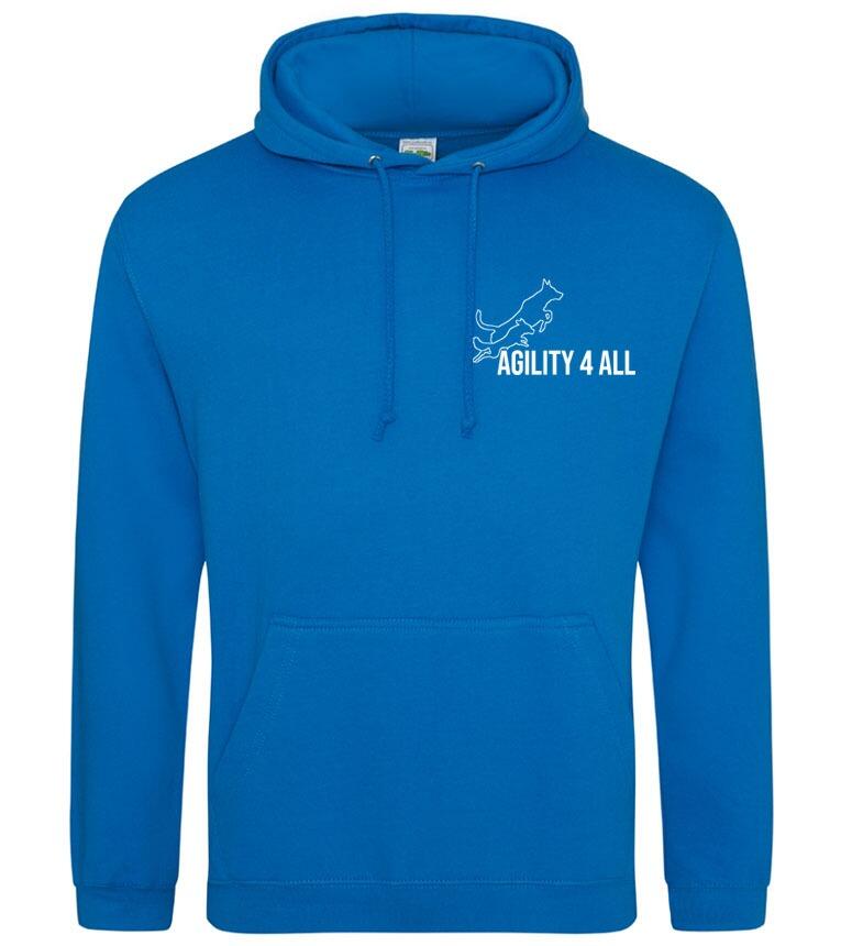Agility 4 All - Official Clothing - Sapphire Blue Hoodie (Front with white Printed logo)