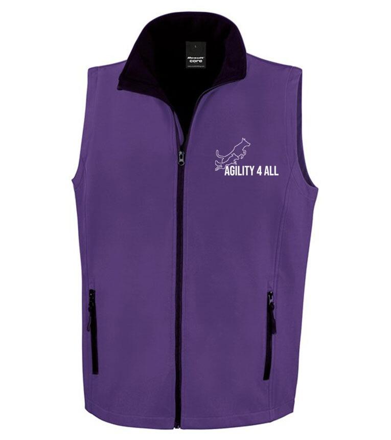 Agility 4 All Official Clothing - Purple Male Softshell Gilet Front - White Printed Logo