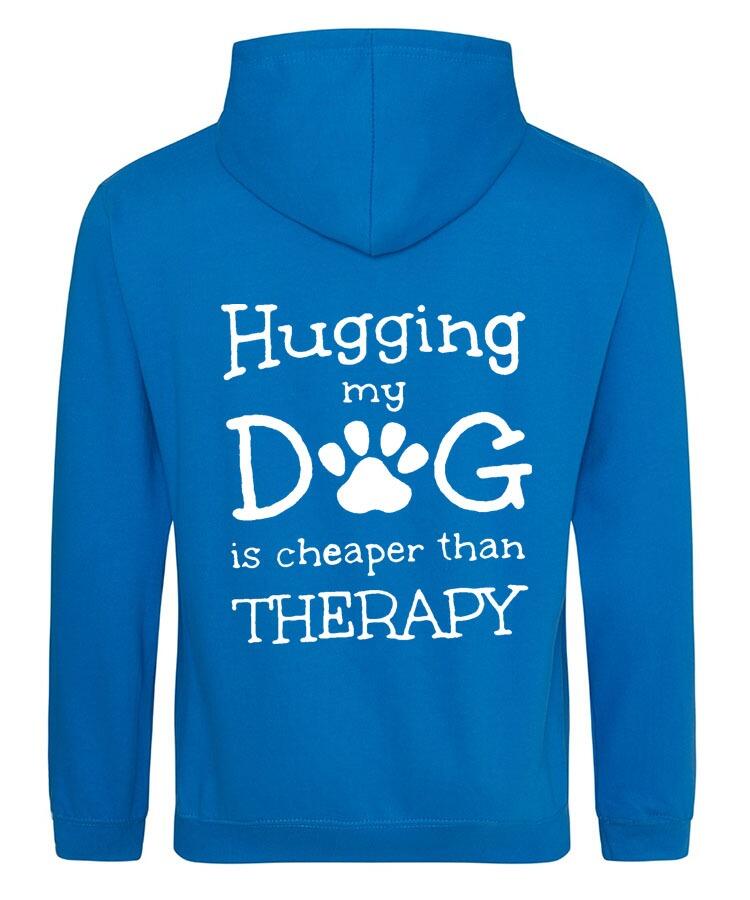 Hugging my Dog Design on a Sapphire Blue Pullover Hoodie White Print