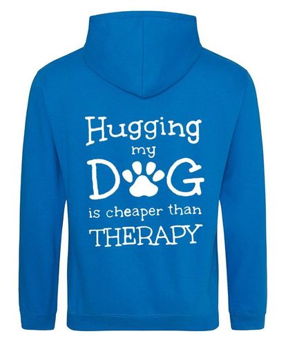 Hugging my Dog Design on a Sapphire Blue Pullover Hoodie White Print