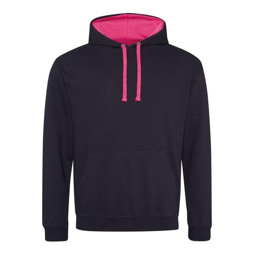 Contrast Plain Pullover Hoodie Jet Black/Hot Pink