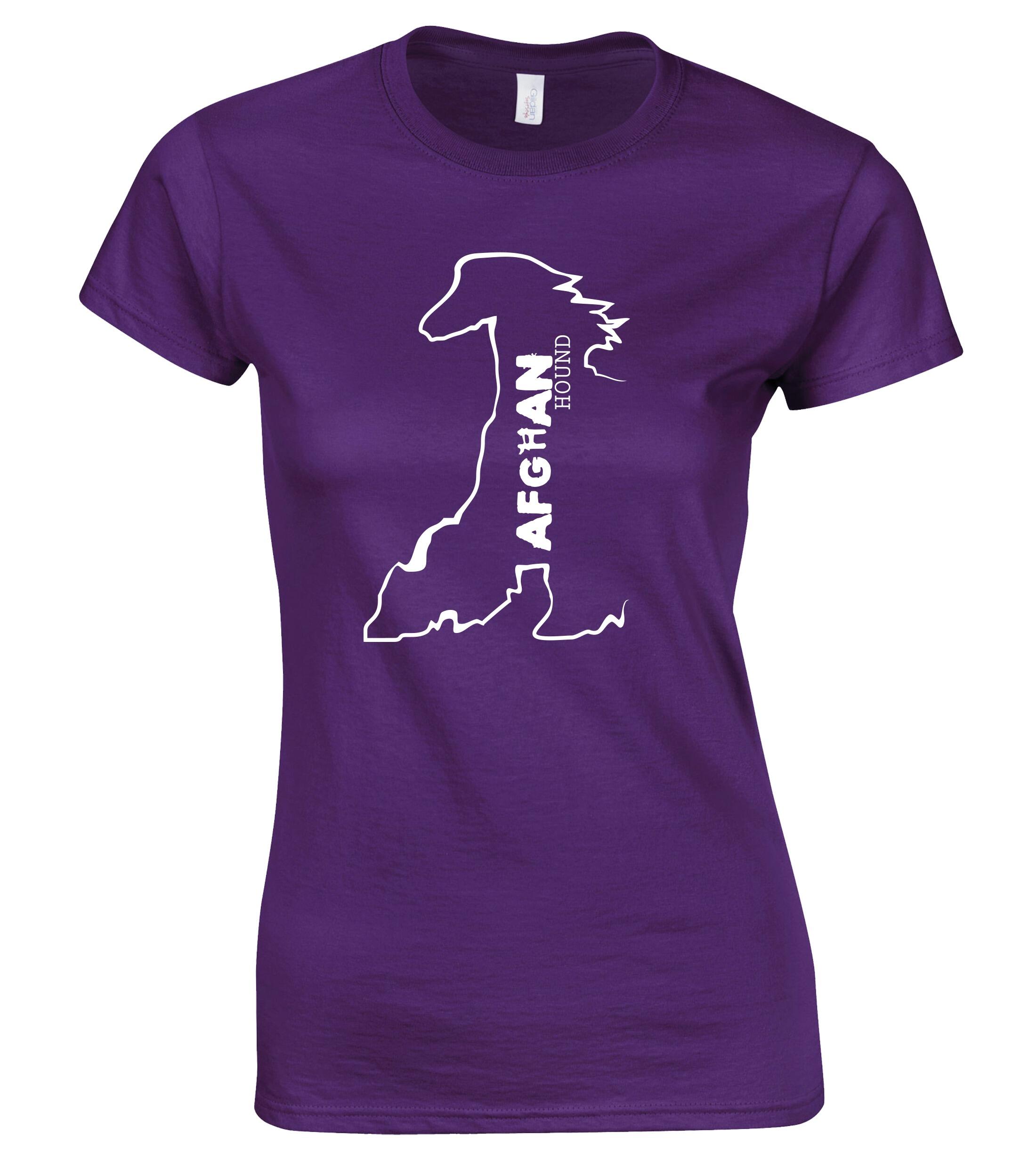 Female Afghan Hound Roundneck T-Shirt Purple (White)