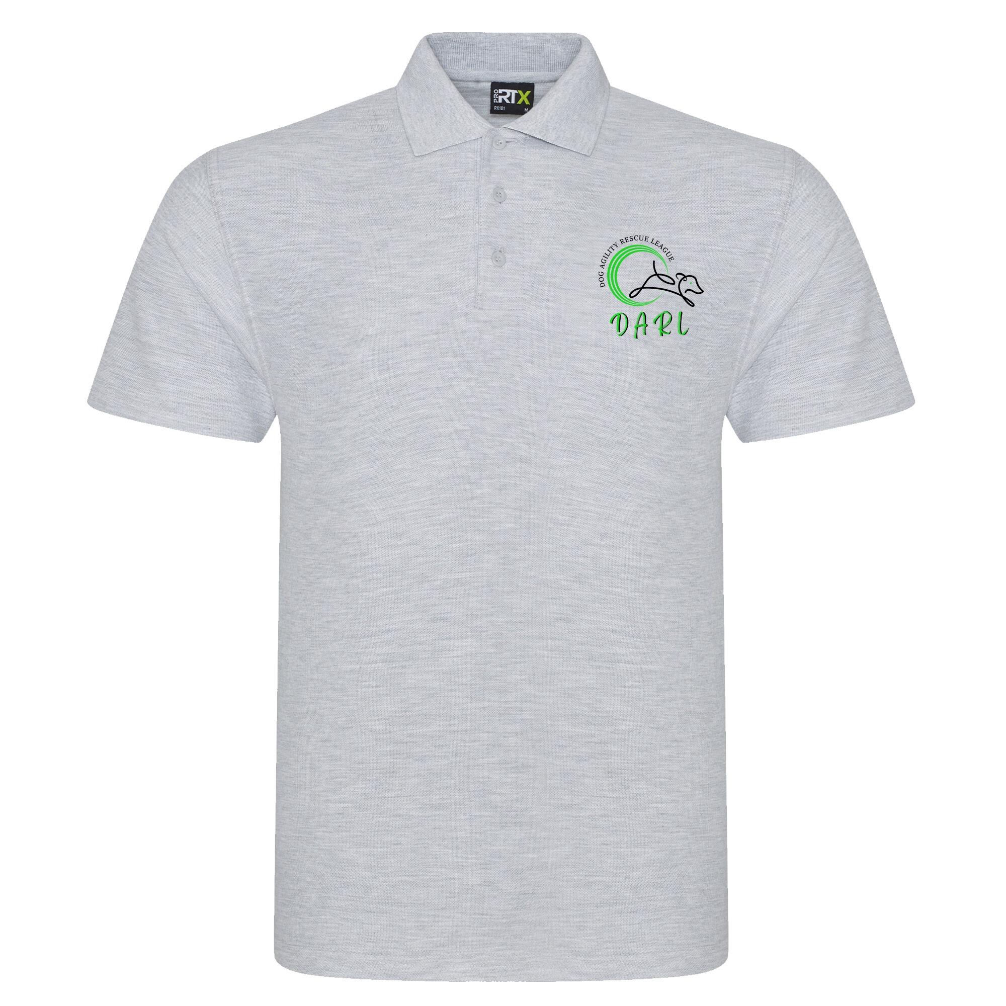DARL Unisex Polo Shirt in heather grey, featuring the iconic logo, designed for a comfortable fit and supporting the Dog Agility Rescue League.