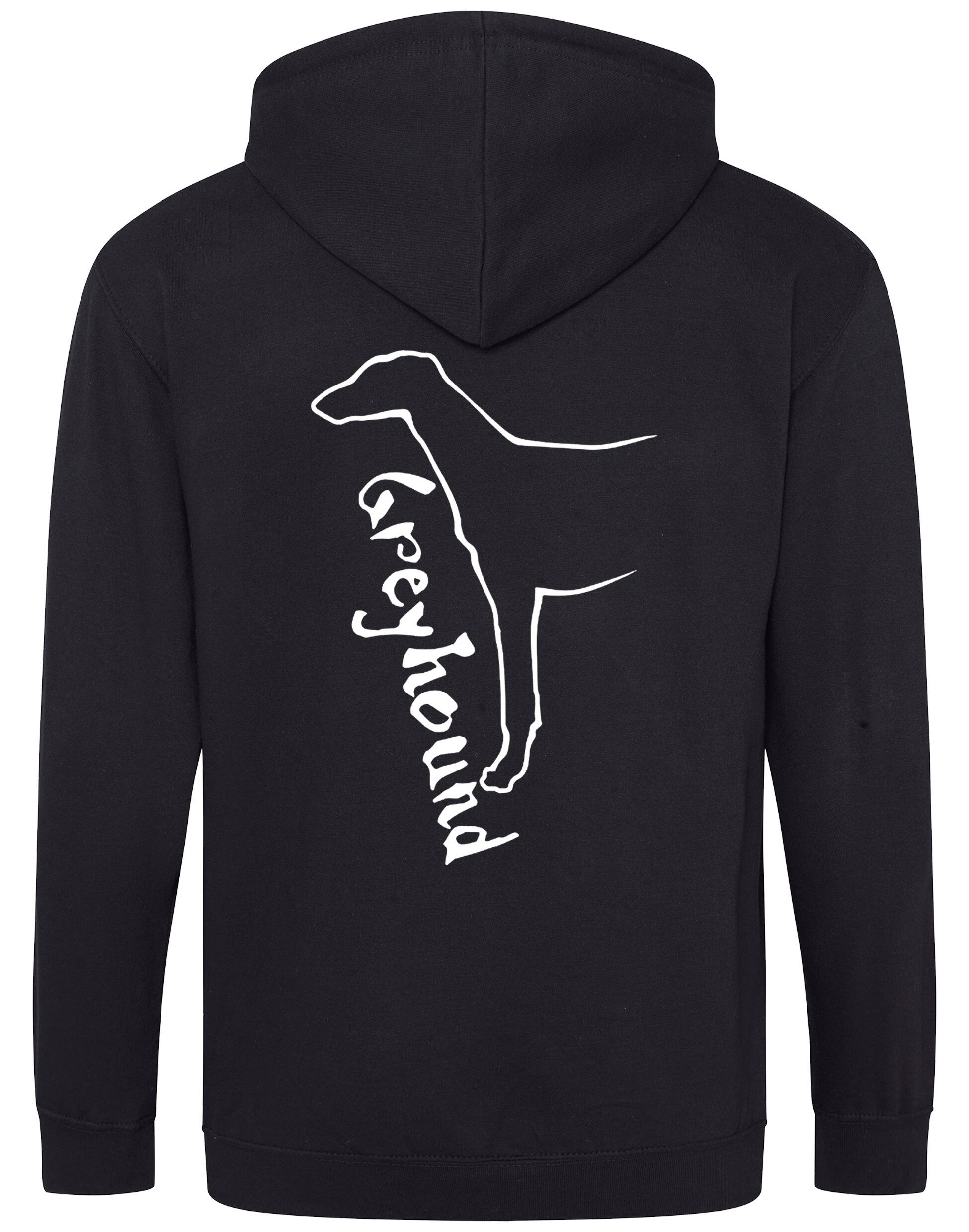 Greyhound zipped hoodie featuring exclusive breed design, cozy brushed fleece interior, full-zip closure, and personalization options, ideal for dog lovers.