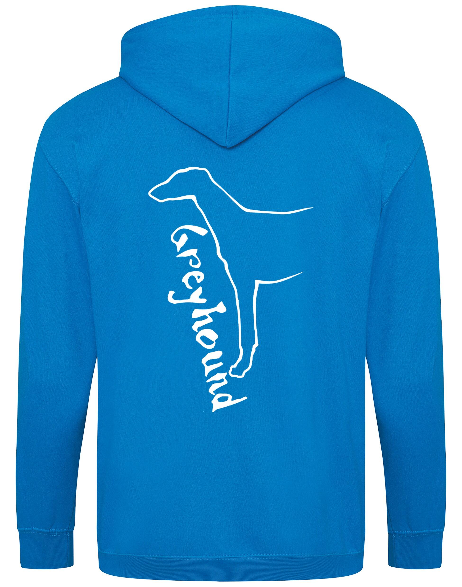 Greyhound zipped hoodie featuring exclusive breed design, cozy brushed fleece interior, full-zip closure, and personalization options, ideal for dog lovers.