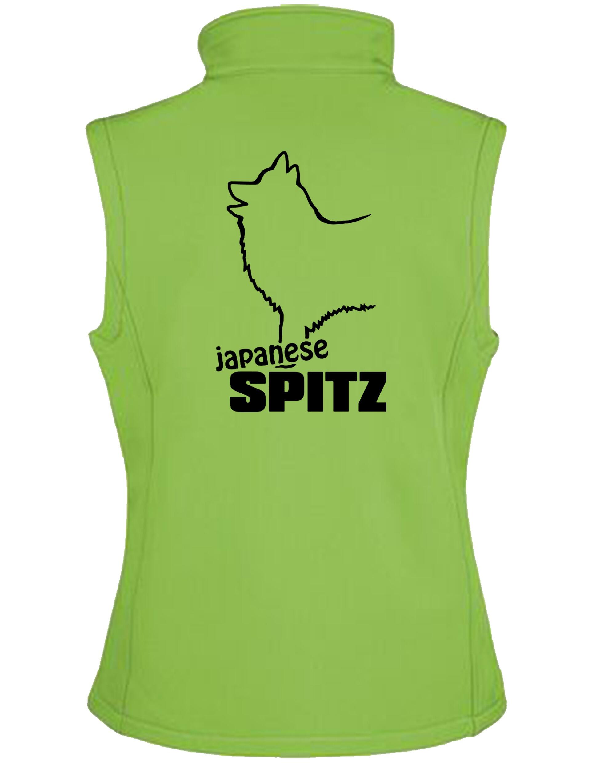 Women’s Softshell Gilet featuring detailed Japanese Spitz artwork, lightweight water-resistant fabric, and customizable personalization options.