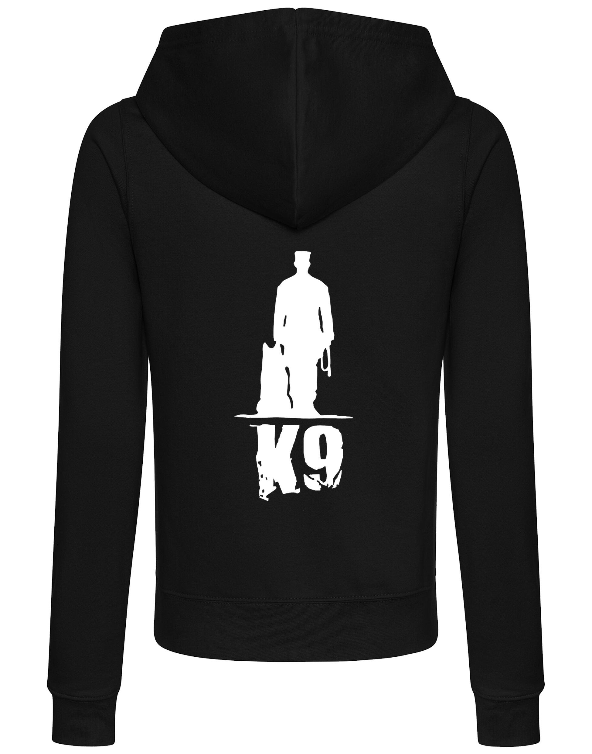 K9 women’s zipped hoodie featuring exclusive artwork, a full-zip closure, and practical pockets, designed for style and comfort in any activity.