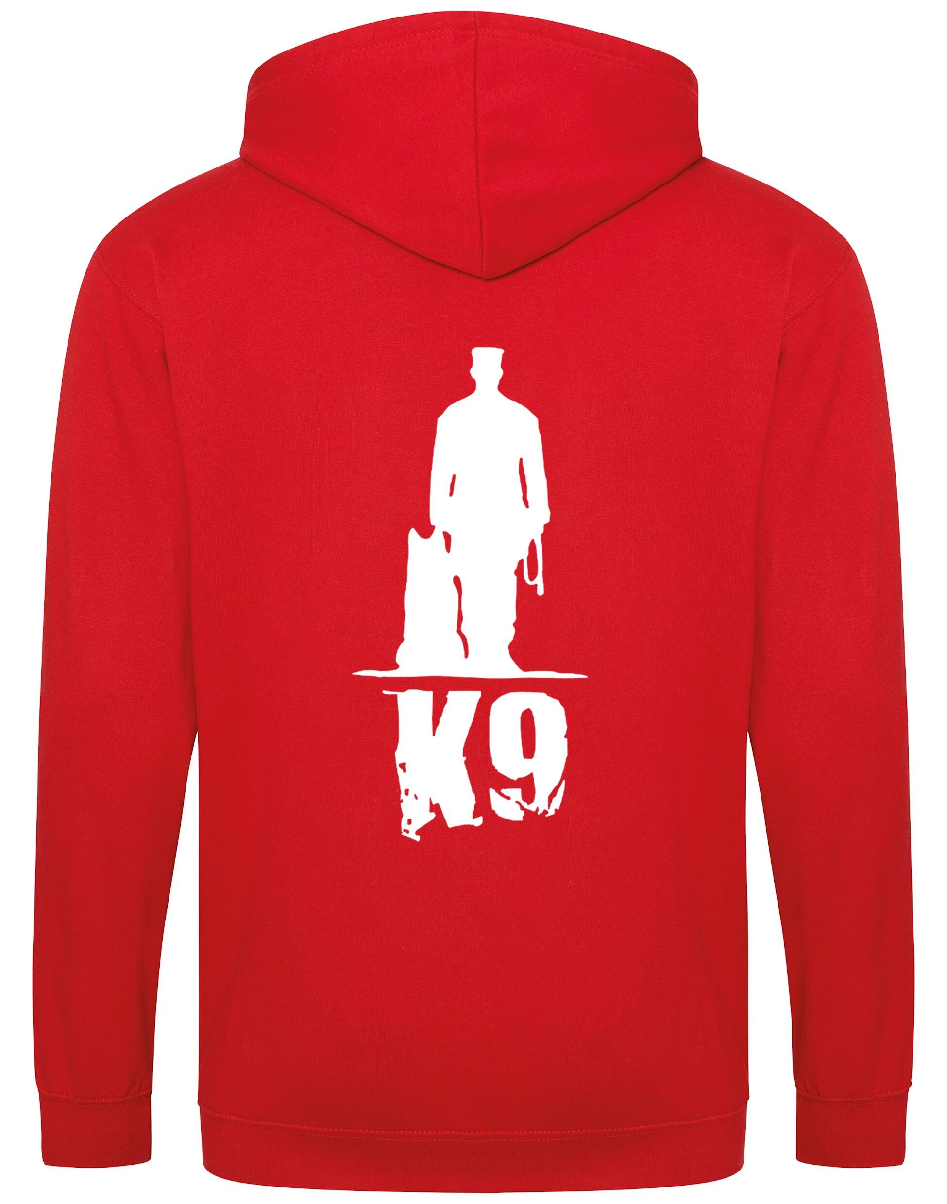 K9 zipped hoodie with exclusive artwork, full-zip closure, double-fabric hood, and spacious pockets, offering warmth, style, and comfort for dog enthusiasts.