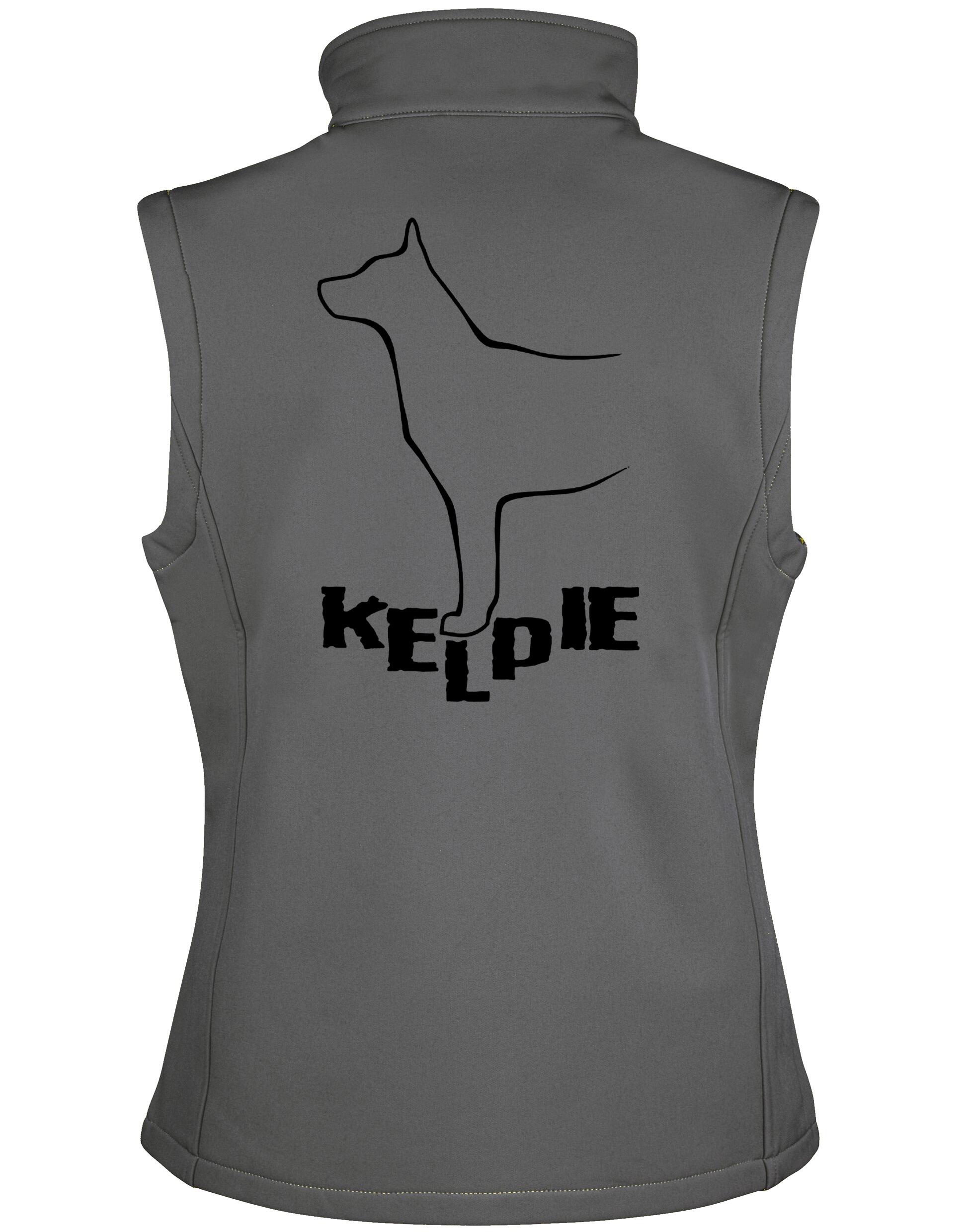 Kelpi Women’s Softshell Gilet with a water-resistant design, tailored fit, and exclusive Kelpi artwork for stylish comfort and canine pride.