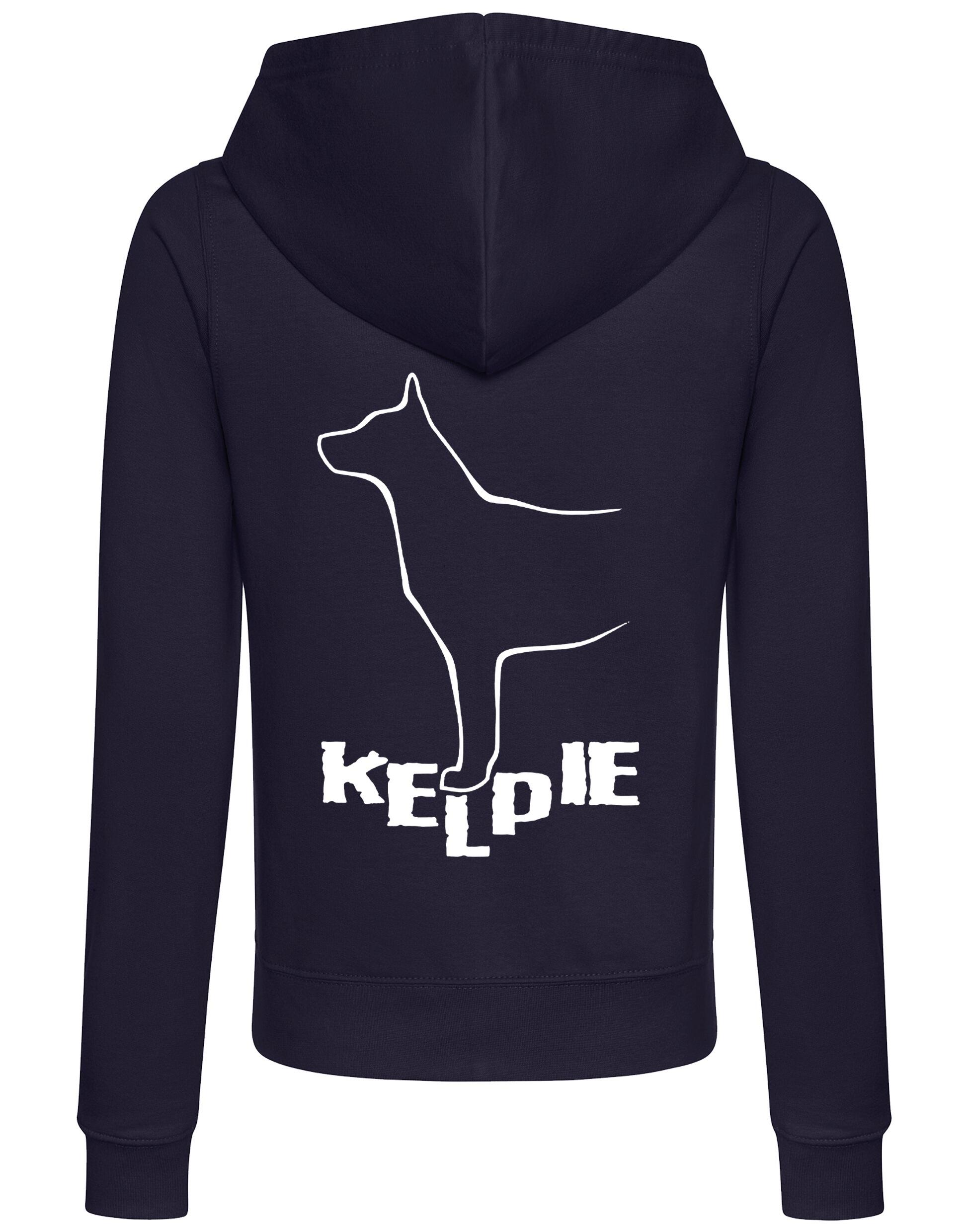 Kelpi Women’s Zipped Hoodie with exclusive breed-inspired artwork, breathable fabric, and practical features for stylish comfort.