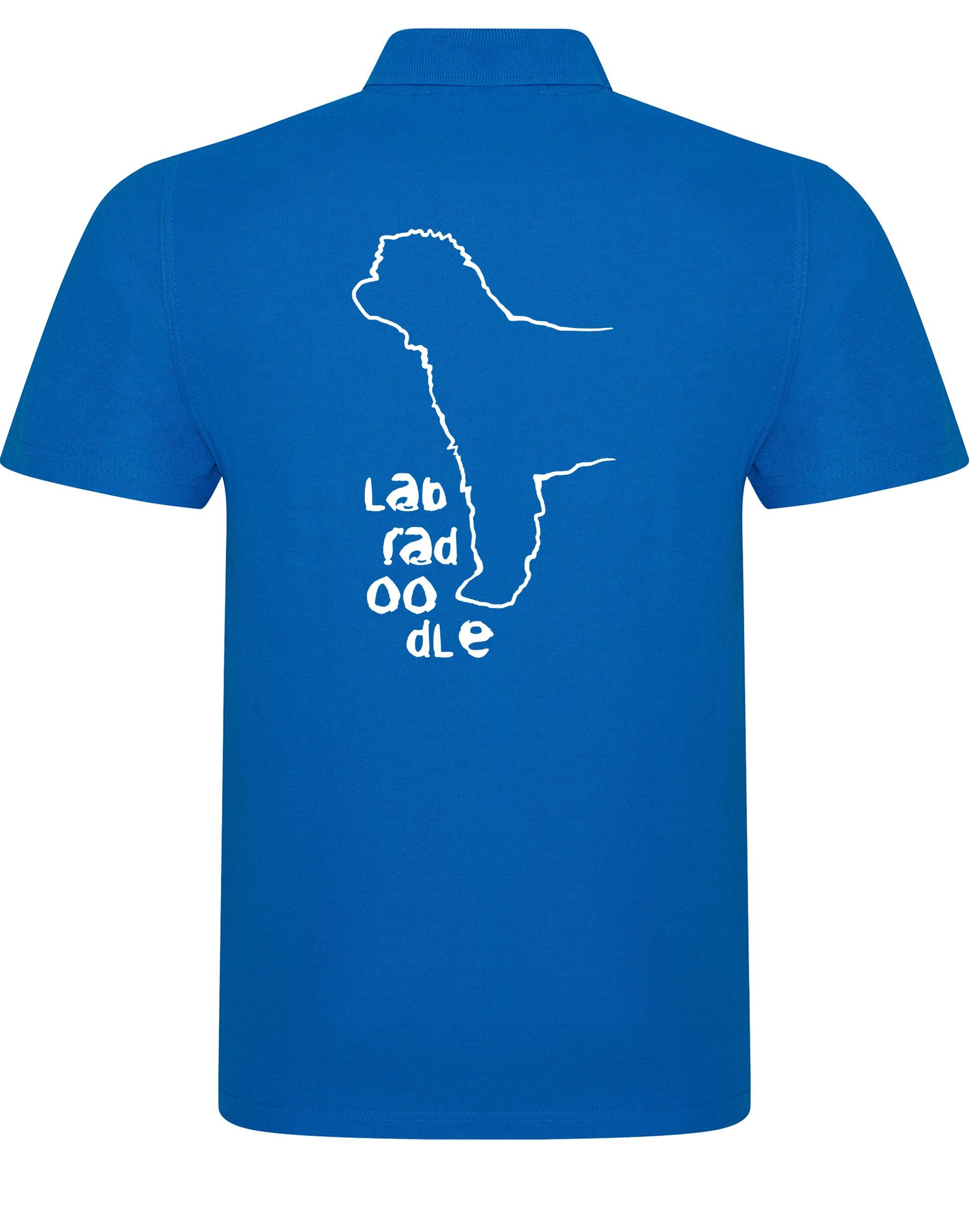 Unisex Cotton Polo with a vibrant Labradoodle design on the back, crafted from breathable fabric for lasting comfort and style.