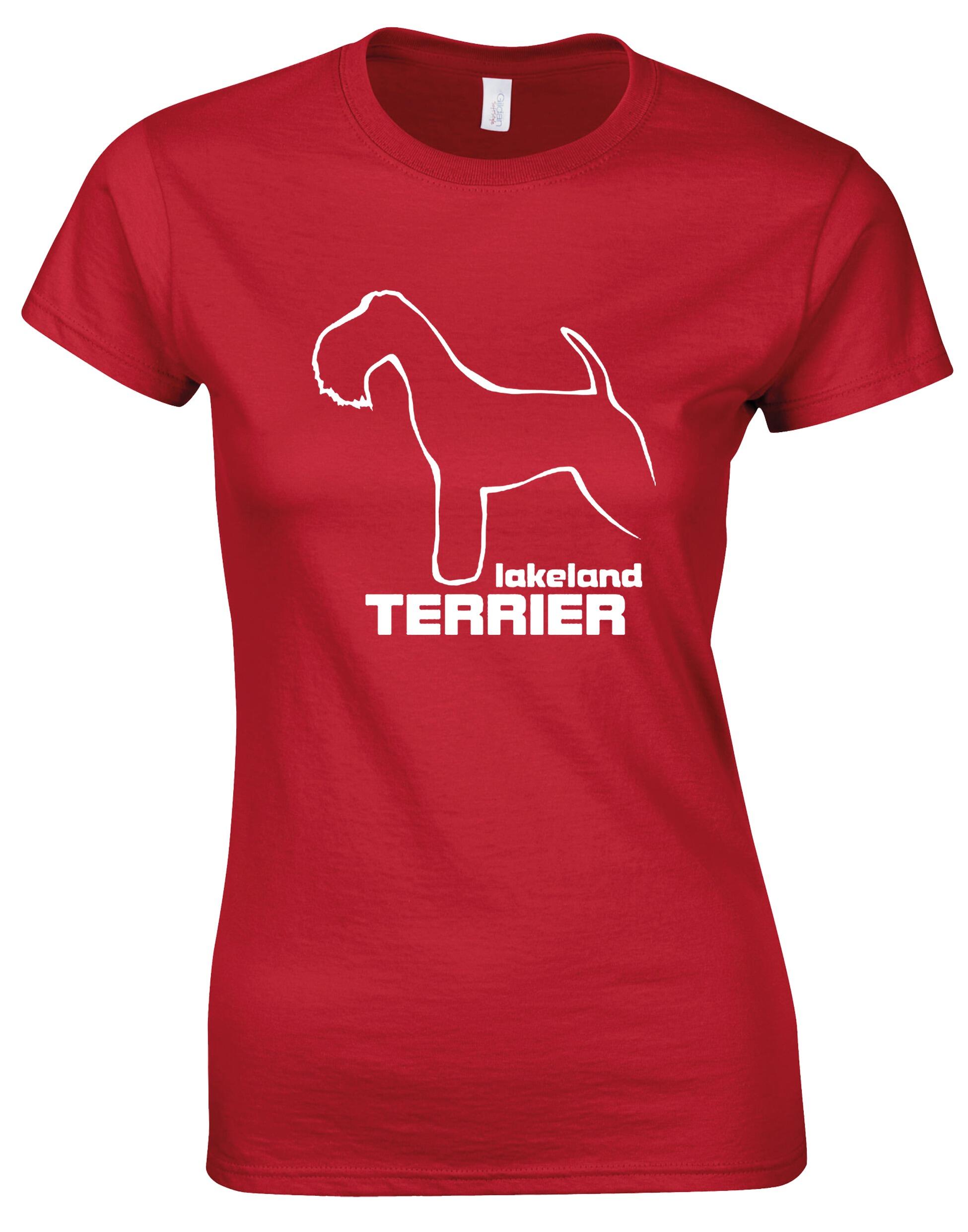 Stylish female roundneck T-shirt featuring an exclusive Lakeland Terrier design and premium cotton comfort.