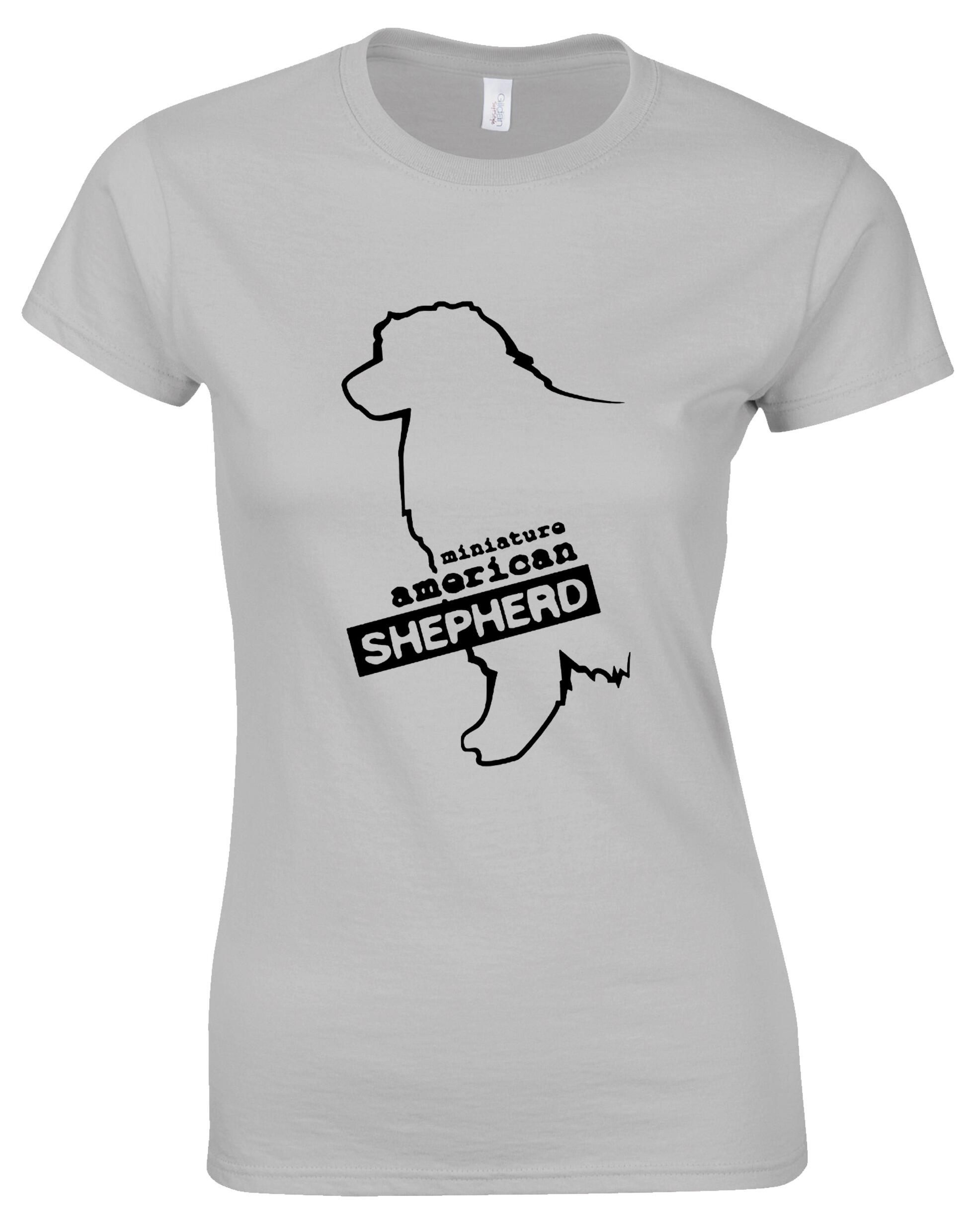 Miniature American Shepherd Female Roundneck T-shirt featuring exclusive breed artwork, soft cotton fabric, and a flattering feminine fit.