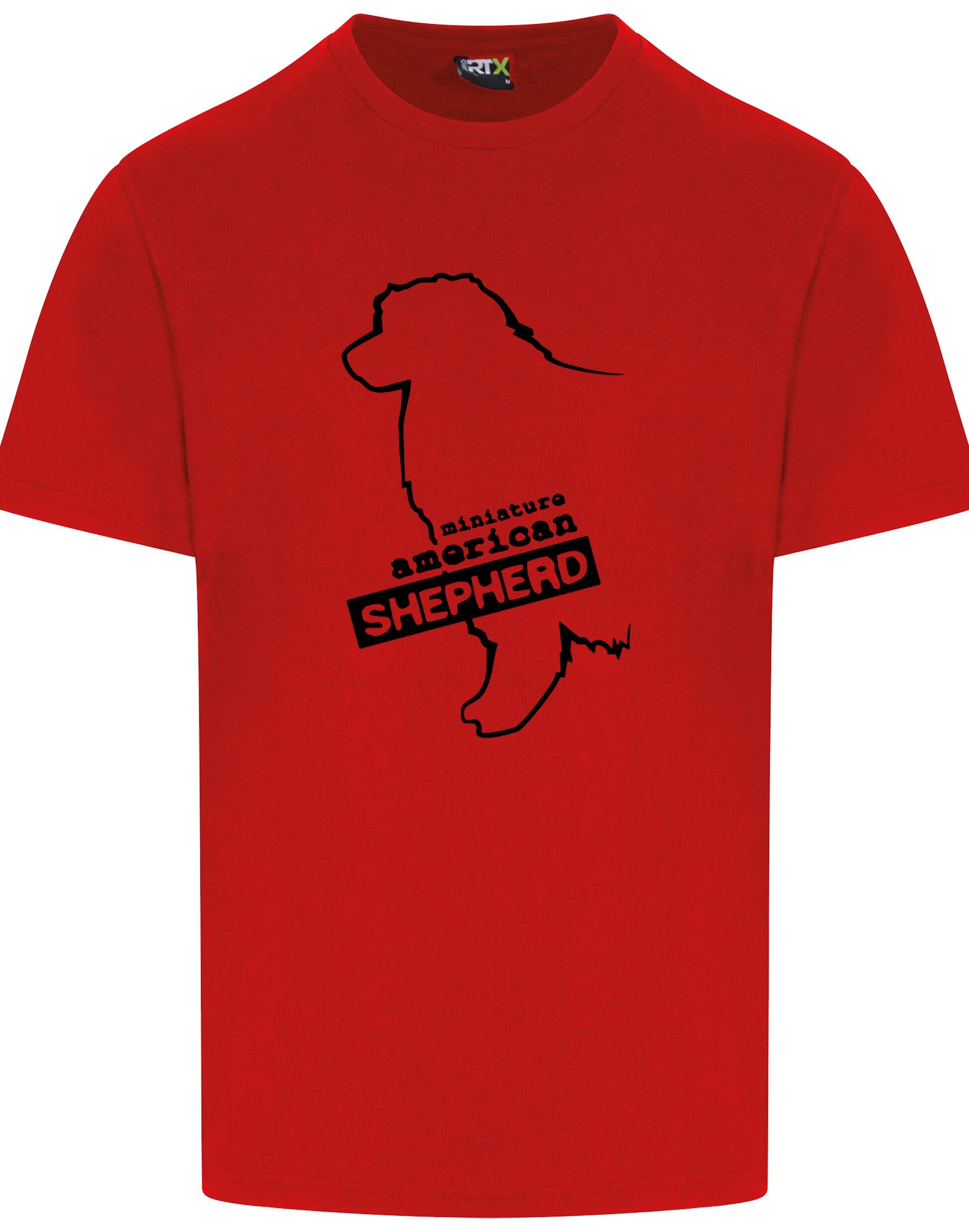Miniature American Shepherd Roundneck T-shirt featuring exclusive breed artwork, soft cotton fabric, and a relaxed unisex fit.