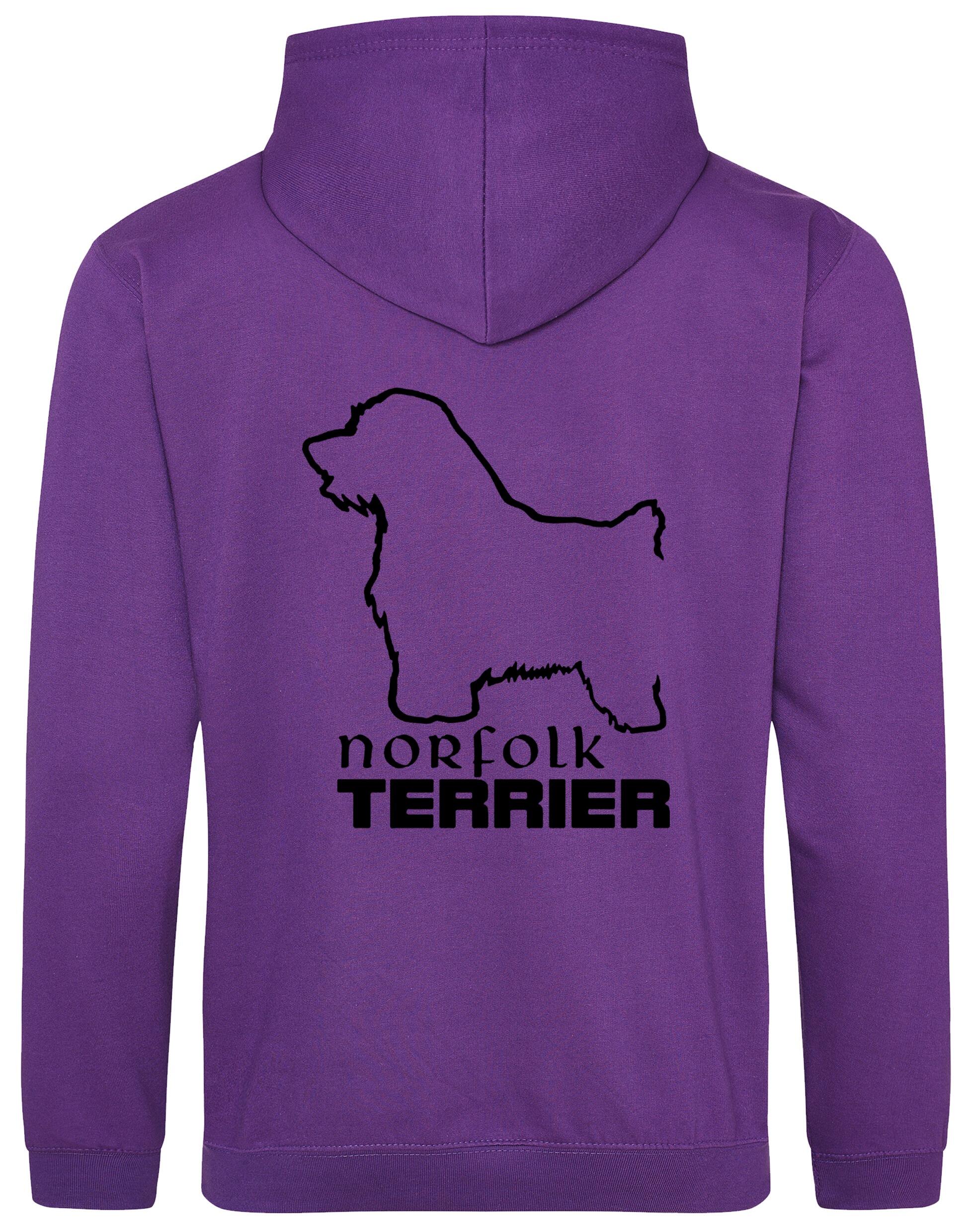 Norfolk Terrier Pullover Hoodie featuring exclusive breed artwork on the back, heavy-blend fabric with brushed fleece interior, and kangaroo pocket for warmth and comfort. A stylish and practical choice for Norfolk Terrier lovers.