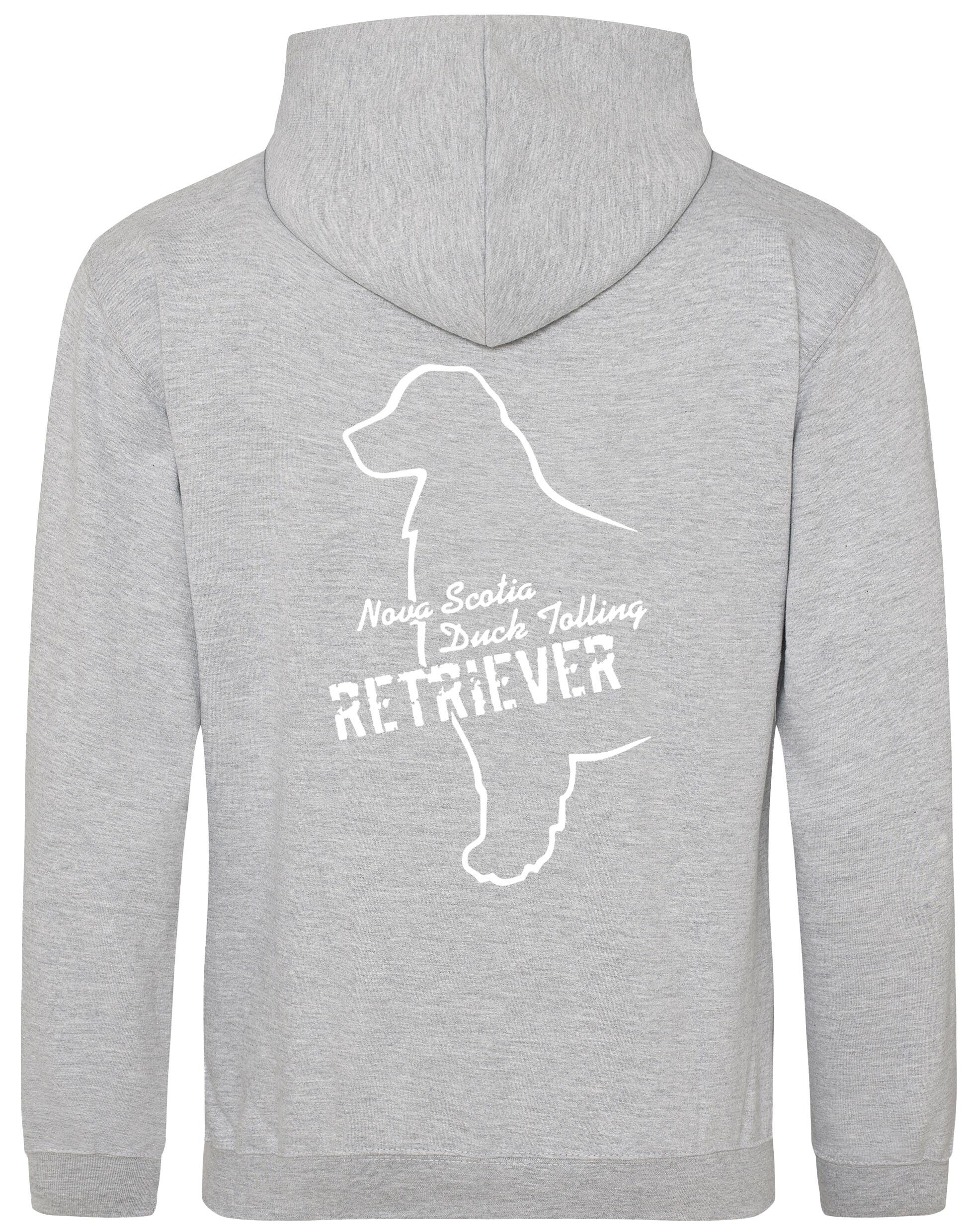 Soft fleece-lined Nova Scotia Duck Tolling Retriever pullover hoodie featuring a detailed breed design on the back. Includes a kangaroo pouch pocket, ribbed cuffs, and a double-fabric hood. Perfect for breed enthusiasts, casual wear, and outdoor adventures.