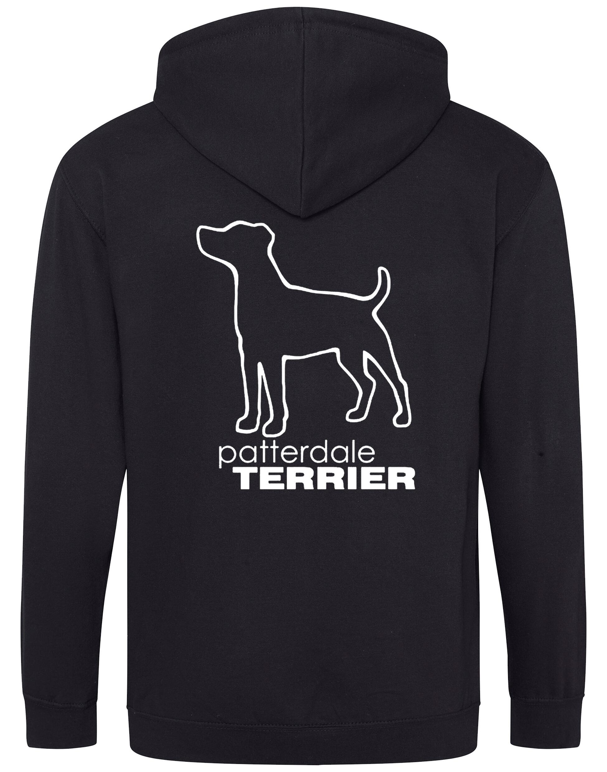 Patterdale Terrier Zipped Hoodie – high-quality, heavy-blend hoodie with an exclusive breed design, featuring a fleece-lined interior, front pockets, a full-zip closure, and a cozy double-fabric hood for ultimate comfort.