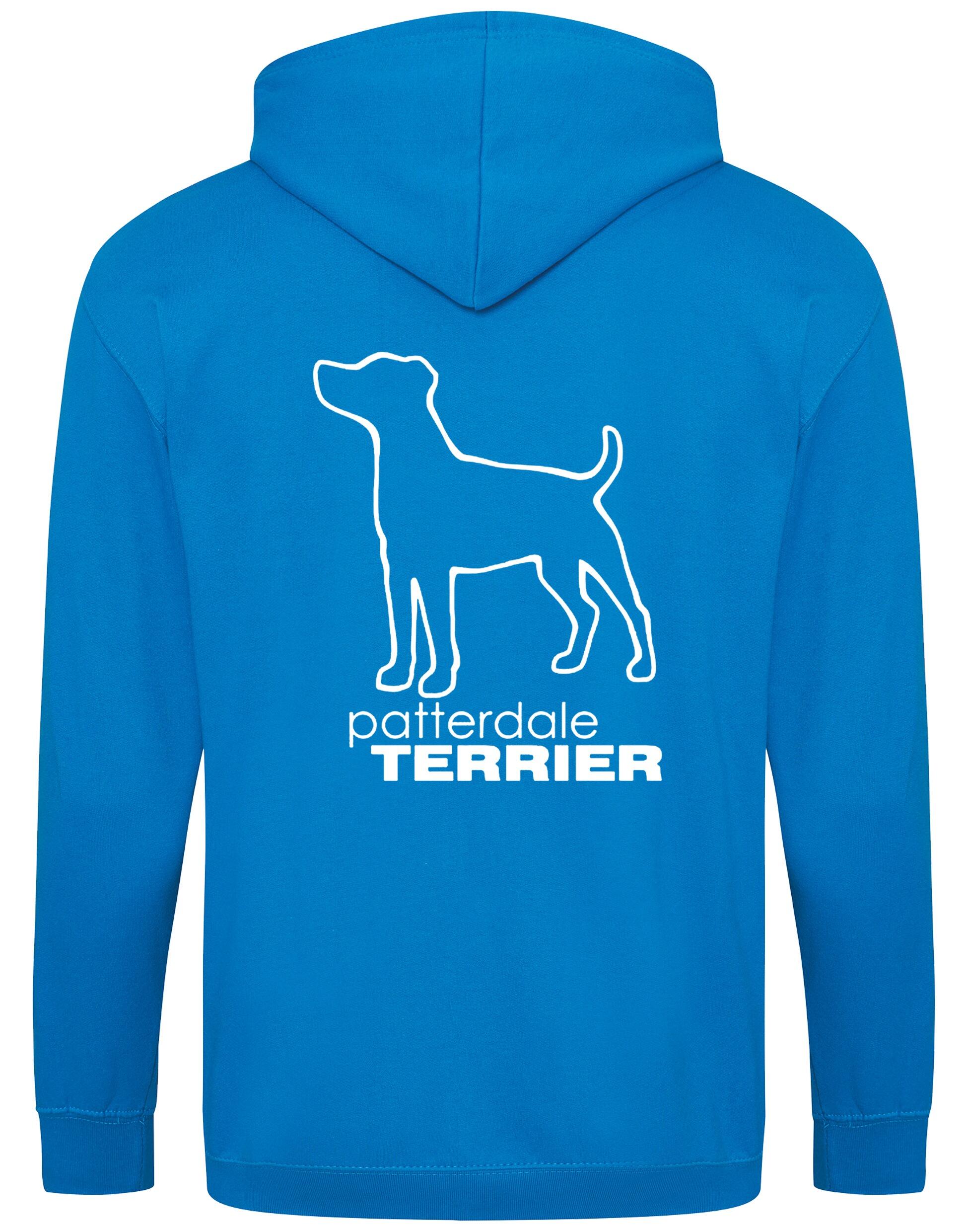 Patterdale Terrier Zipped Hoodie – high-quality, heavy-blend hoodie with an exclusive breed design, featuring a fleece-lined interior, front pockets, a full-zip closure, and a cozy double-fabric hood for ultimate comfort.
