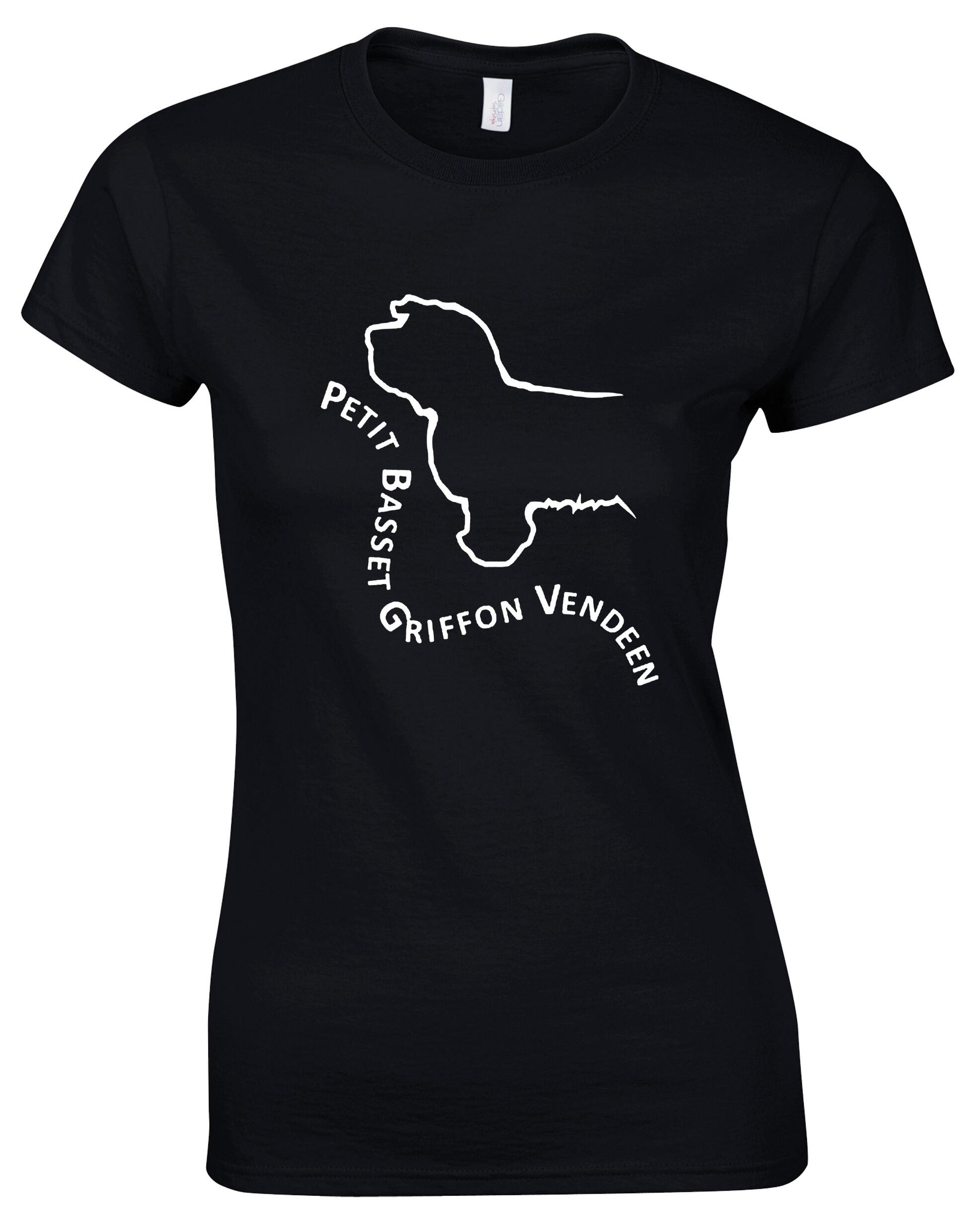 Petit Basset Griffon Vendéen Female Roundneck T-Shirt – soft, breathable cotton t-shirt with exclusive breed artwork, tailored feminine fit, and classic round neckline for casual comfort.