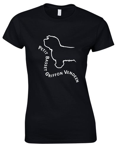 Petit Basset Griffon Vendéen Female Roundneck T-Shirt – soft, breathable cotton t-shirt with exclusive breed artwork, tailored feminine fit, and classic round neckline for casual comfort.