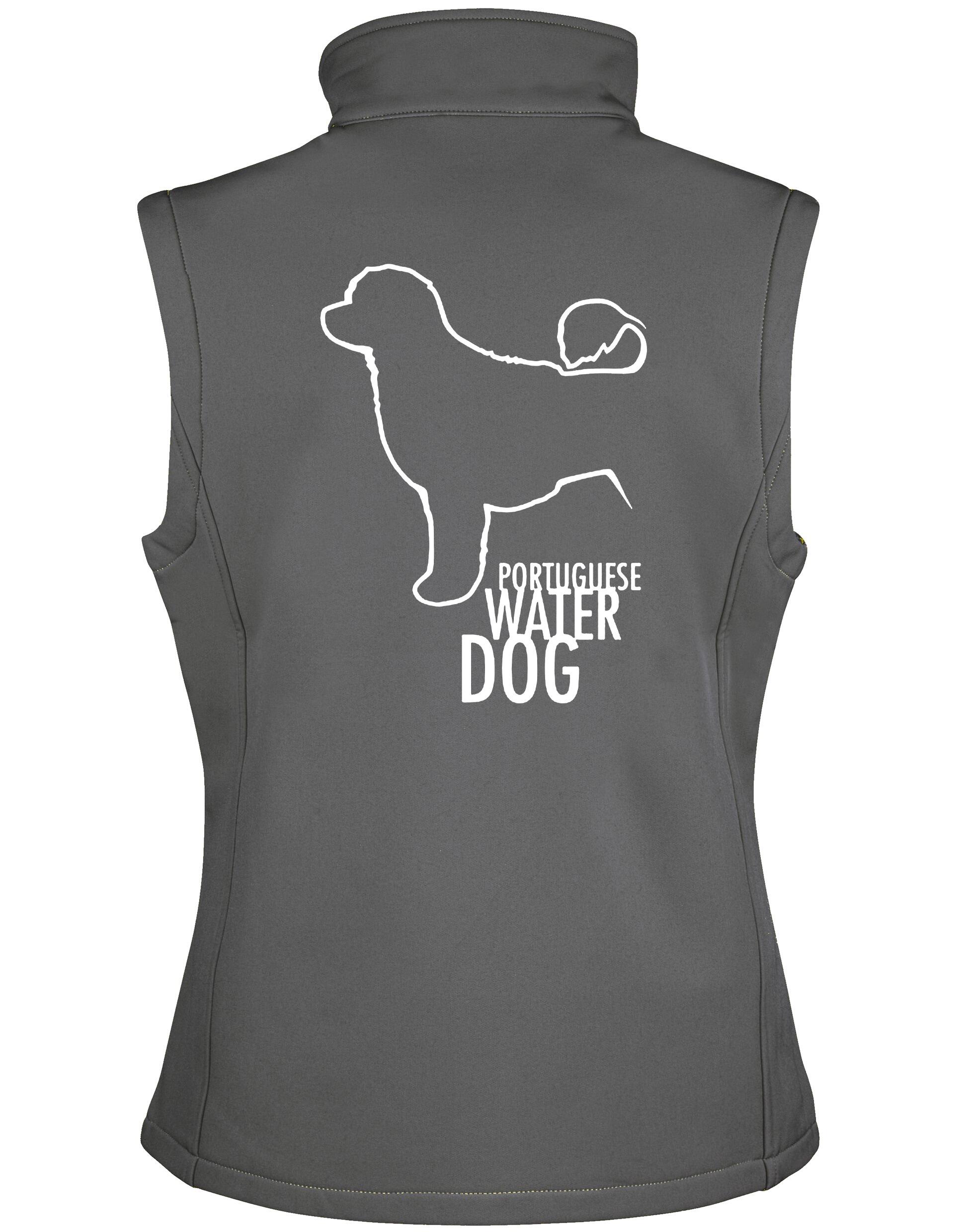 Unisex Portuguese Water Dog Softshell Jacket showcasing durable, water-resistant fabric, cozy fleece lining, and exclusive artwork celebrating the breed’s agility and charm.