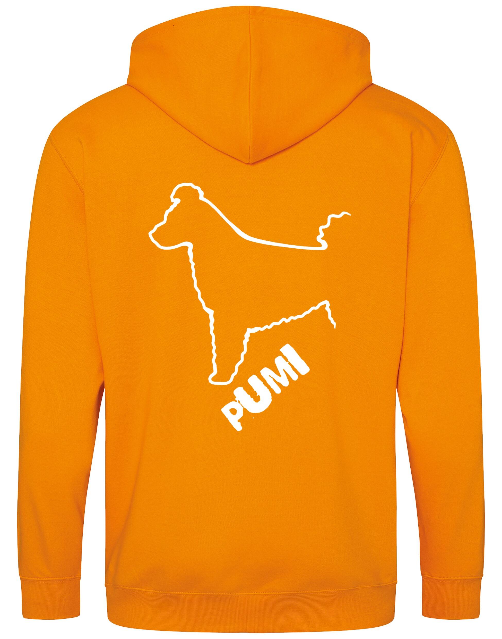 Unisex Hungarian Pumi Zipped Hoodie featuring exclusive breed artwork with personalization options, crafted from premium heavy-blend fabric with a cozy brushed fleece interior, full-zip closure, and a spacious kangaroo pocket for stylish, comfortable outdoor wear.