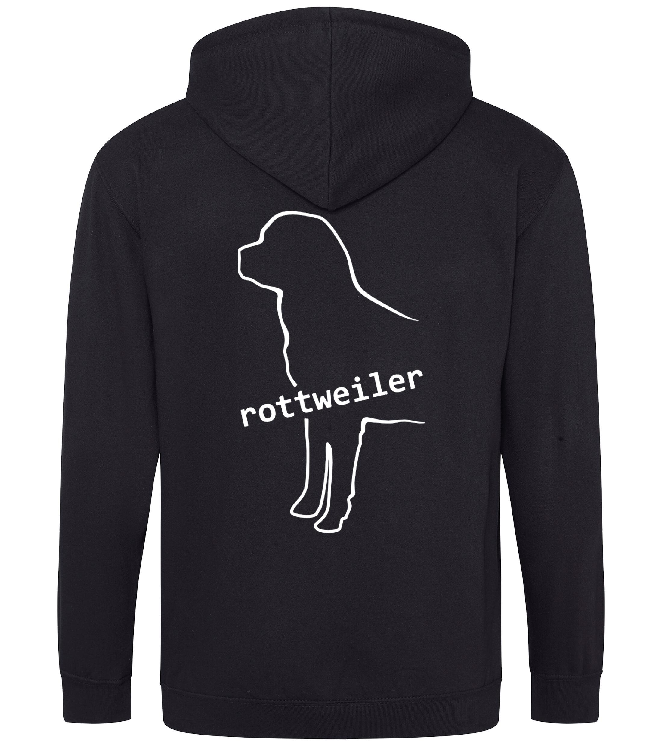 Rottweiler Zipped Hoodie featuring exclusive breed artwork, soft fleece interior, heavy-blend fabric, full-zip closure, double-fabric hood, spacious front pockets, and personalization options for breed enthusiasts.
