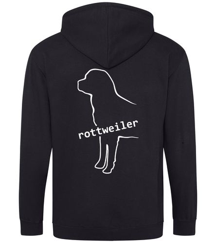 Rottweiler Zipped Hoodie featuring exclusive breed artwork, soft fleece interior, heavy-blend fabric, full-zip closure, double-fabric hood, spacious front pockets, and personalization options for breed enthusiasts.