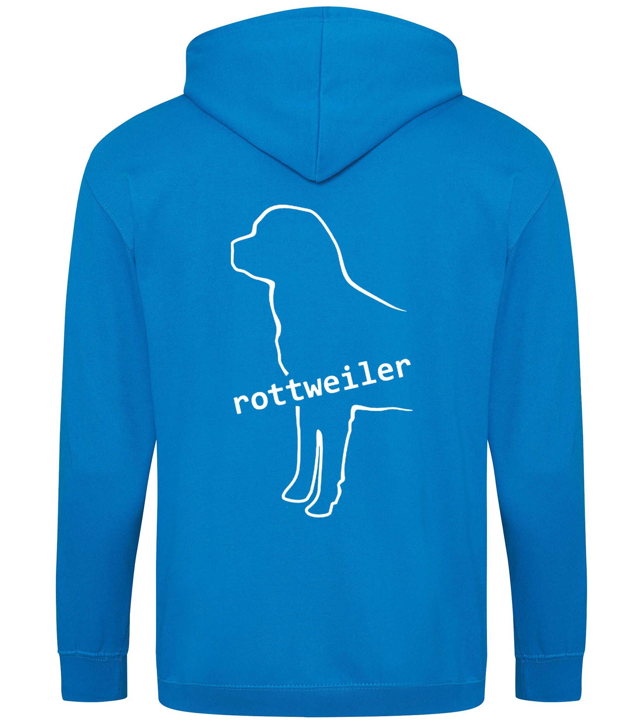 Rottweiler Zipped Hoodie featuring exclusive breed artwork, soft fleece interior, heavy-blend fabric, full-zip closure, double-fabric hood, spacious front pockets, and personalization options for breed enthusiasts.