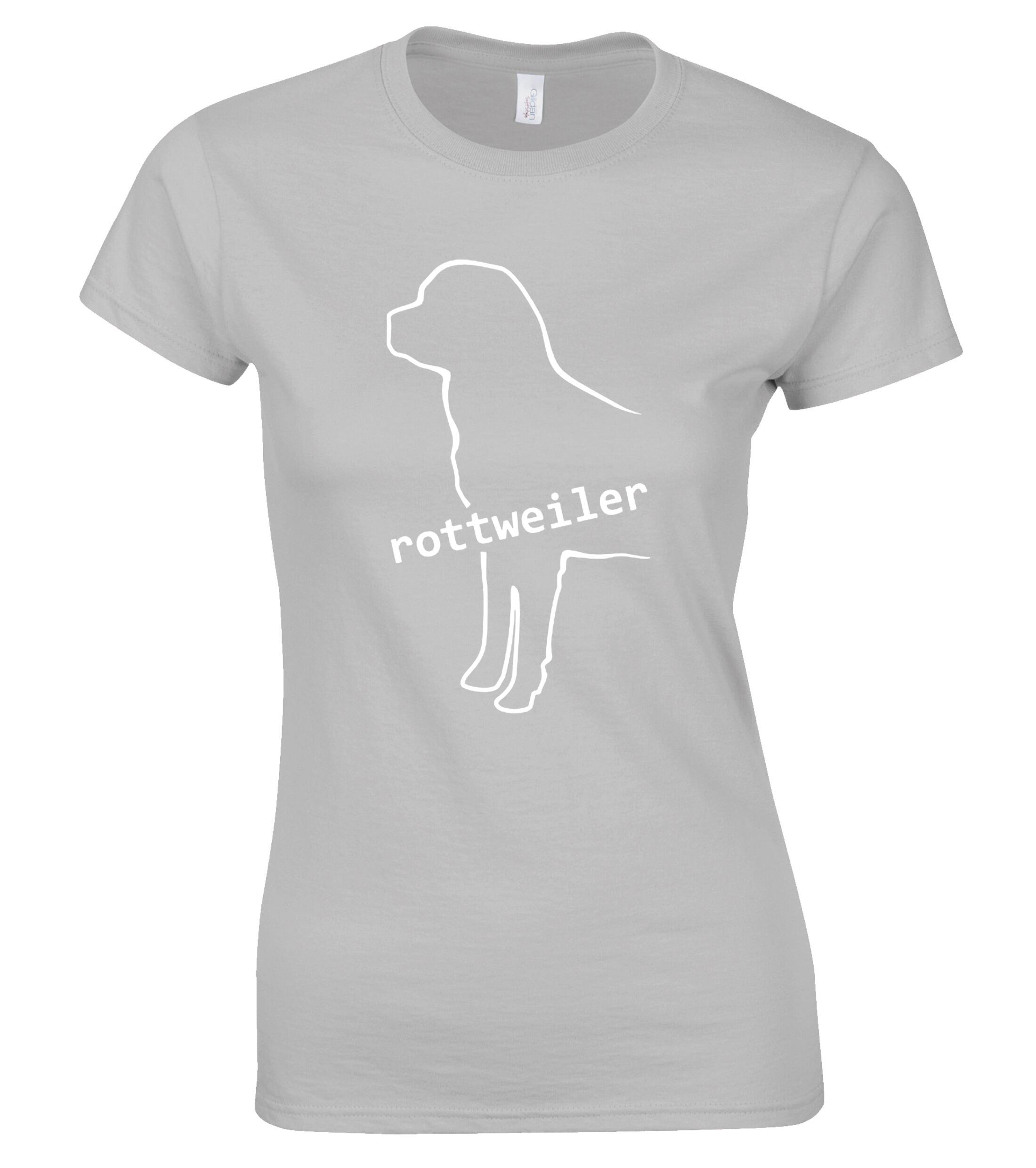 Rottweiler Female Roundneck T-shirt featuring exclusive breed artwork, soft breathable cotton fabric, flattering feminine fit, and classic round neckline for comfort and style.