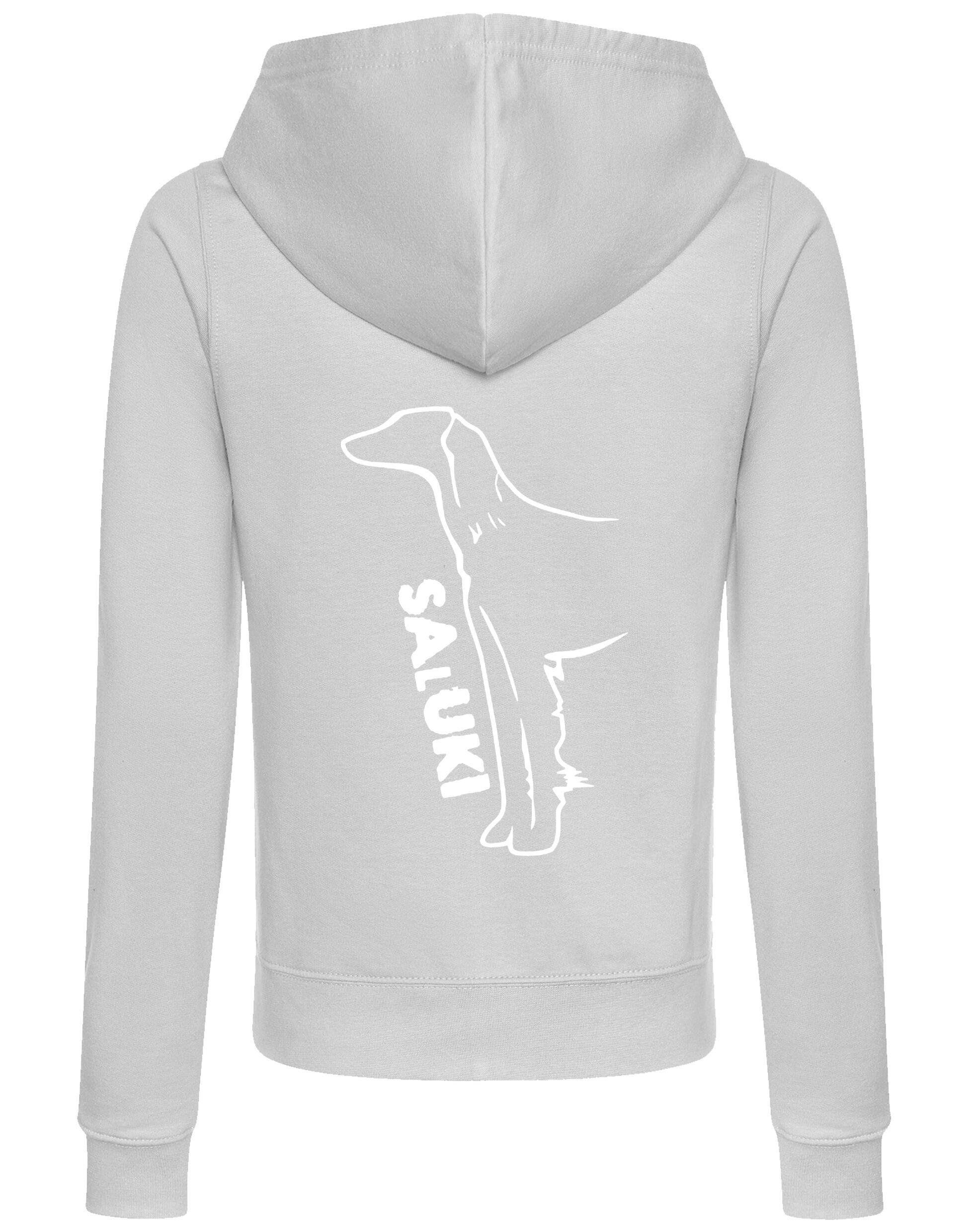 Saluki Women’s Zipped Hoodie featuring exclusive breed artwork, soft breathable fabric, flattering feminine fit, full-zip closure, cozy hood, and practical front pockets for breed enthusiasts.