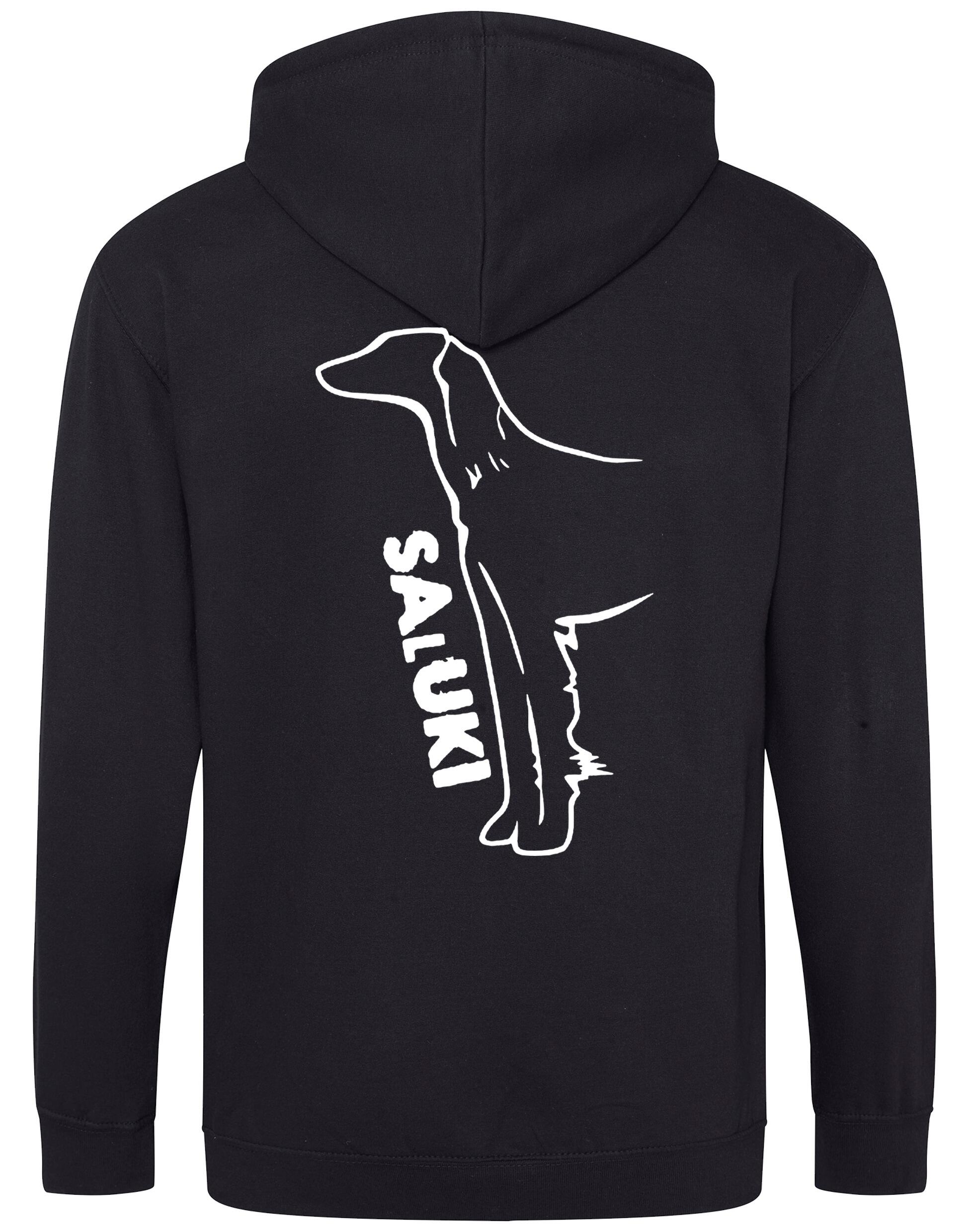 Saluki Zipped Hoodie featuring exclusive breed artwork, soft fleece interior, heavy-blend fabric, full-zip closure, double-fabric hood, spacious front pockets, and personalization options for breed enthusiasts.
