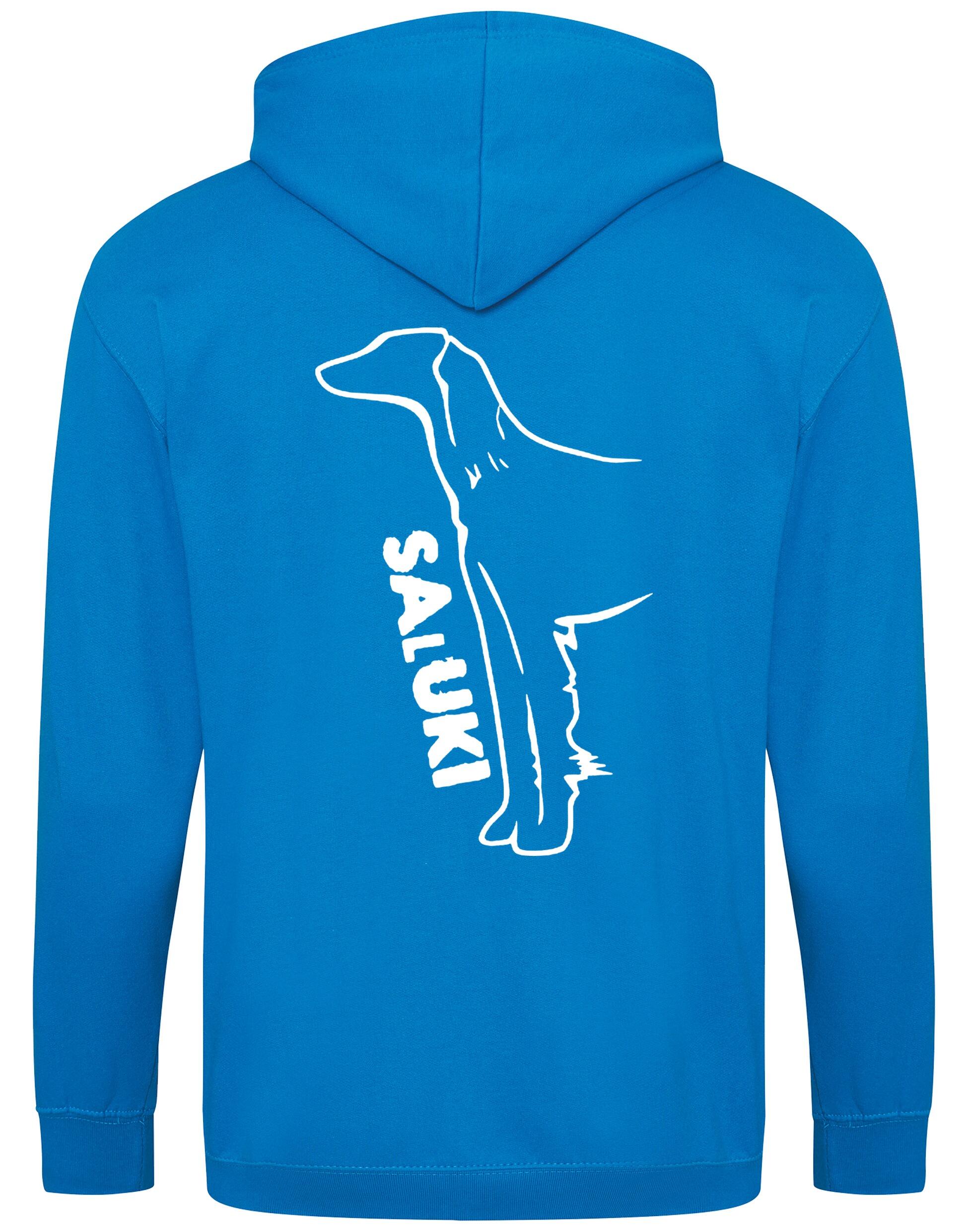 Saluki Zipped Hoodie featuring exclusive breed artwork, soft fleece interior, heavy-blend fabric, full-zip closure, double-fabric hood, spacious front pockets, and personalization options for breed enthusiasts.