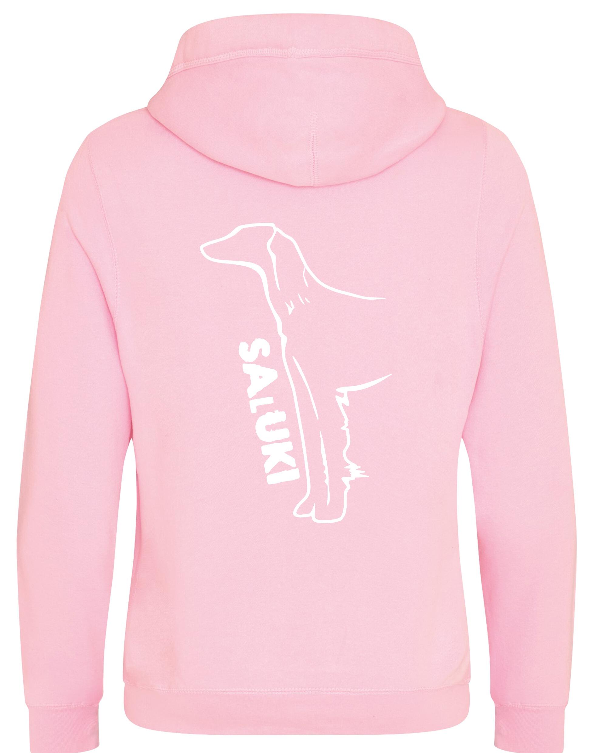 Saluki Crossneck Pullover Hoodie featuring exclusive breed artwork, soft fleece interior, heavy-blend fabric, modern crossneck design, kangaroo pocket, ribbed cuffs and hem, and relaxed unisex fit for breed enthusiasts.