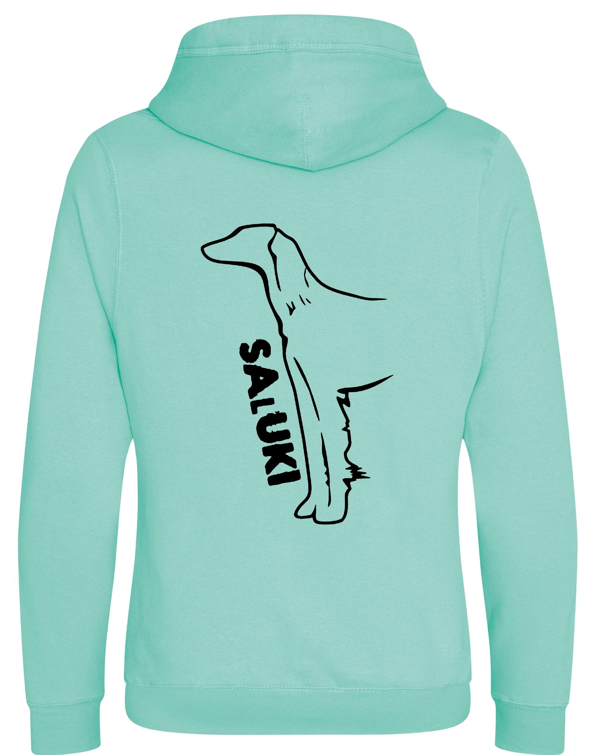 Saluki Crossneck Pullover Hoodie featuring exclusive breed artwork, soft fleece interior, heavy-blend fabric, modern crossneck design, kangaroo pocket, ribbed cuffs and hem, and relaxed unisex fit for breed enthusiasts.