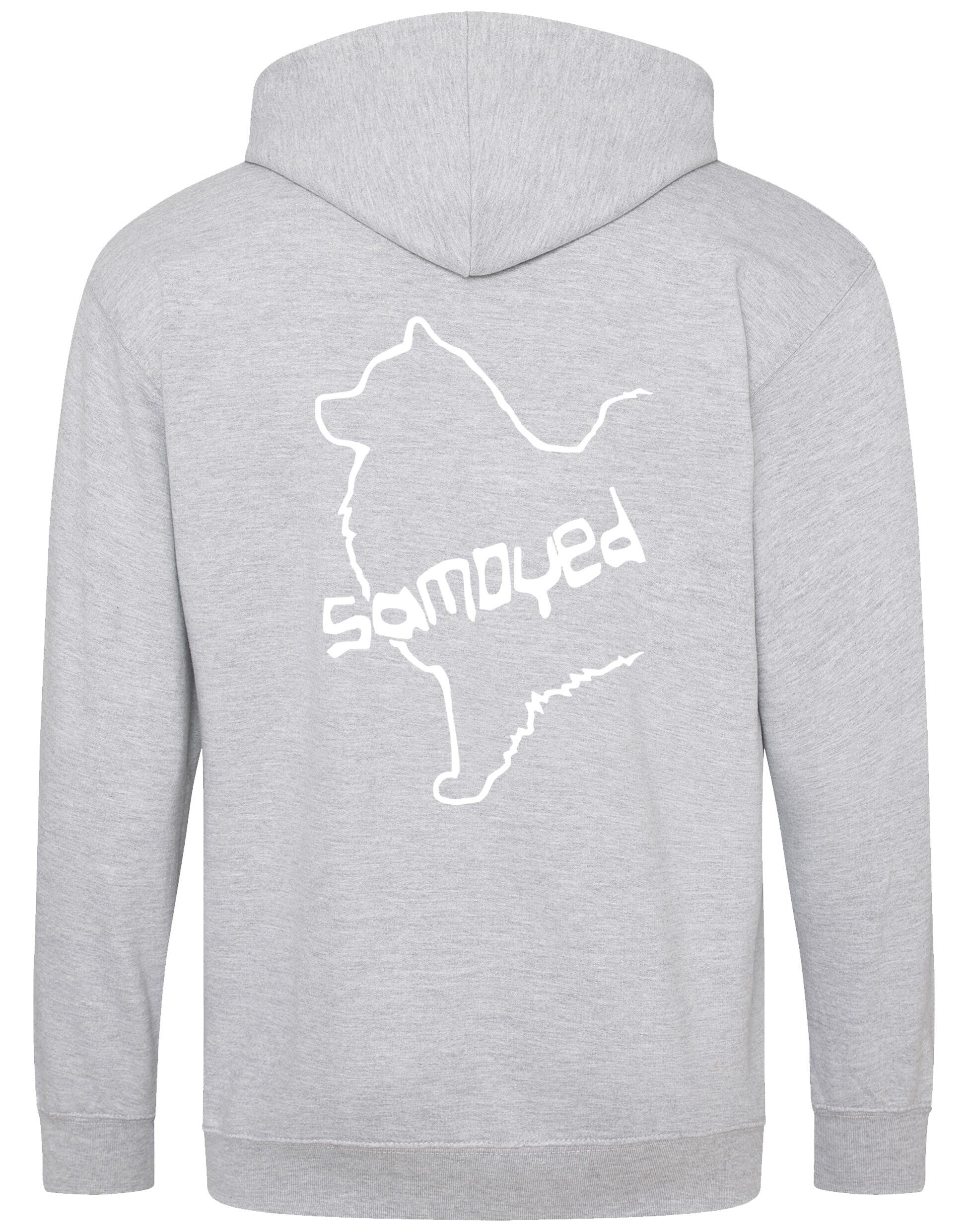 Samoyed Zipped Hoodie featuring exclusive breed artwork, soft fleece interior, heavy-blend fabric, full-zip front, double-fabric hood, spacious front pockets, and personalization options for breed enthusiasts.