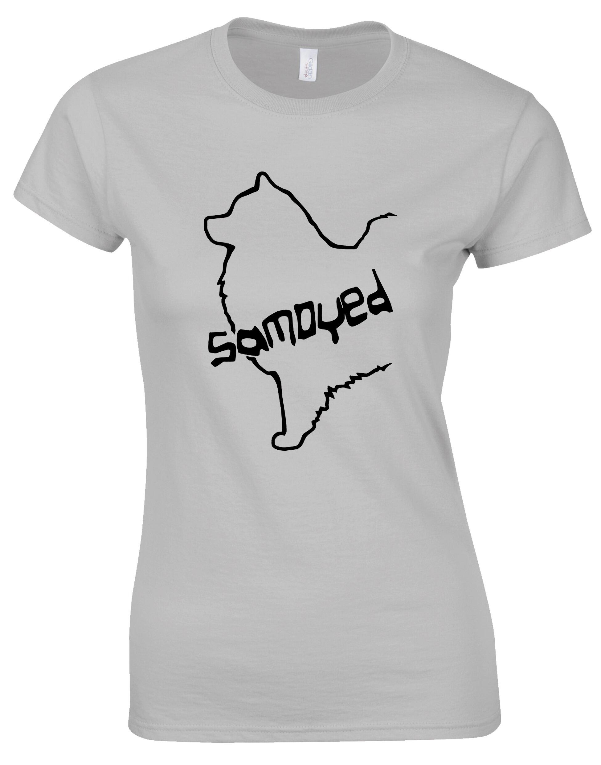 Samoyed Female Roundneck T-shirt featuring exclusive breed artwork, soft breathable cotton, tailored feminine fit, classic round neckline, and lightweight comfort for breed enthusiasts.