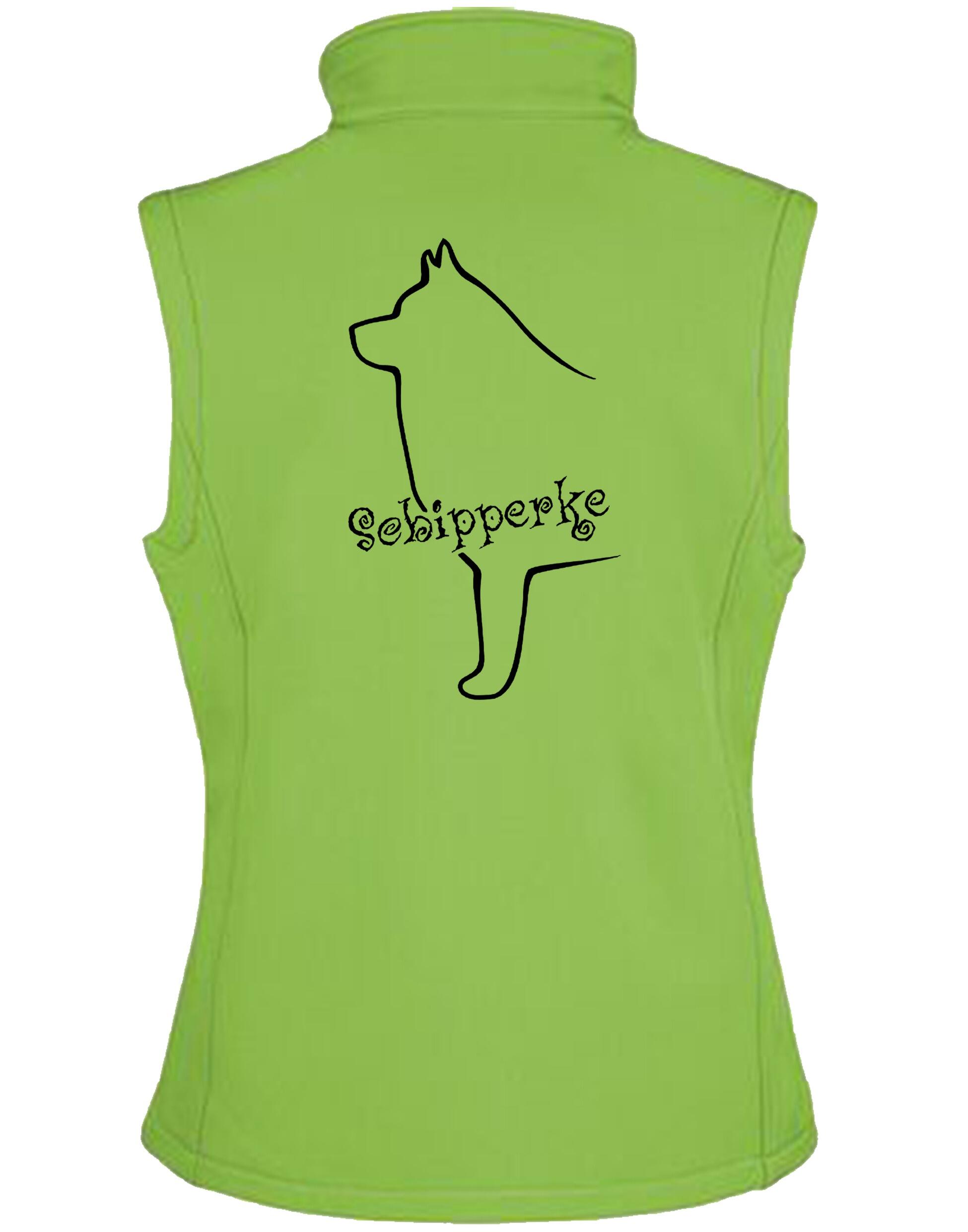 Women's softshell gilet featuring exclusive Schipperke design, water-resistant material, and options for personalization.