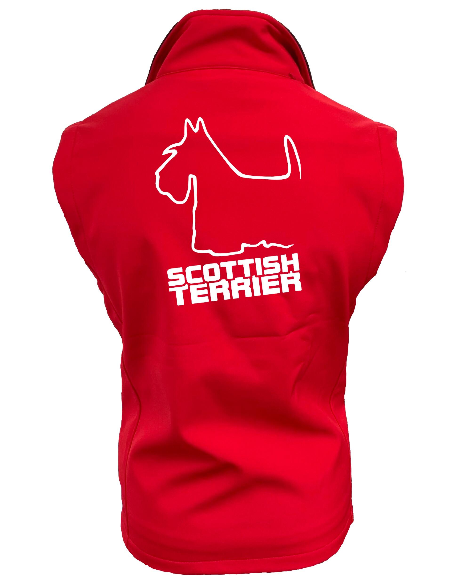 Scottish Terrier Unisex Softshell Gilet with breed artwork, water-resistant fabric, fleece lining, and unisex fit.