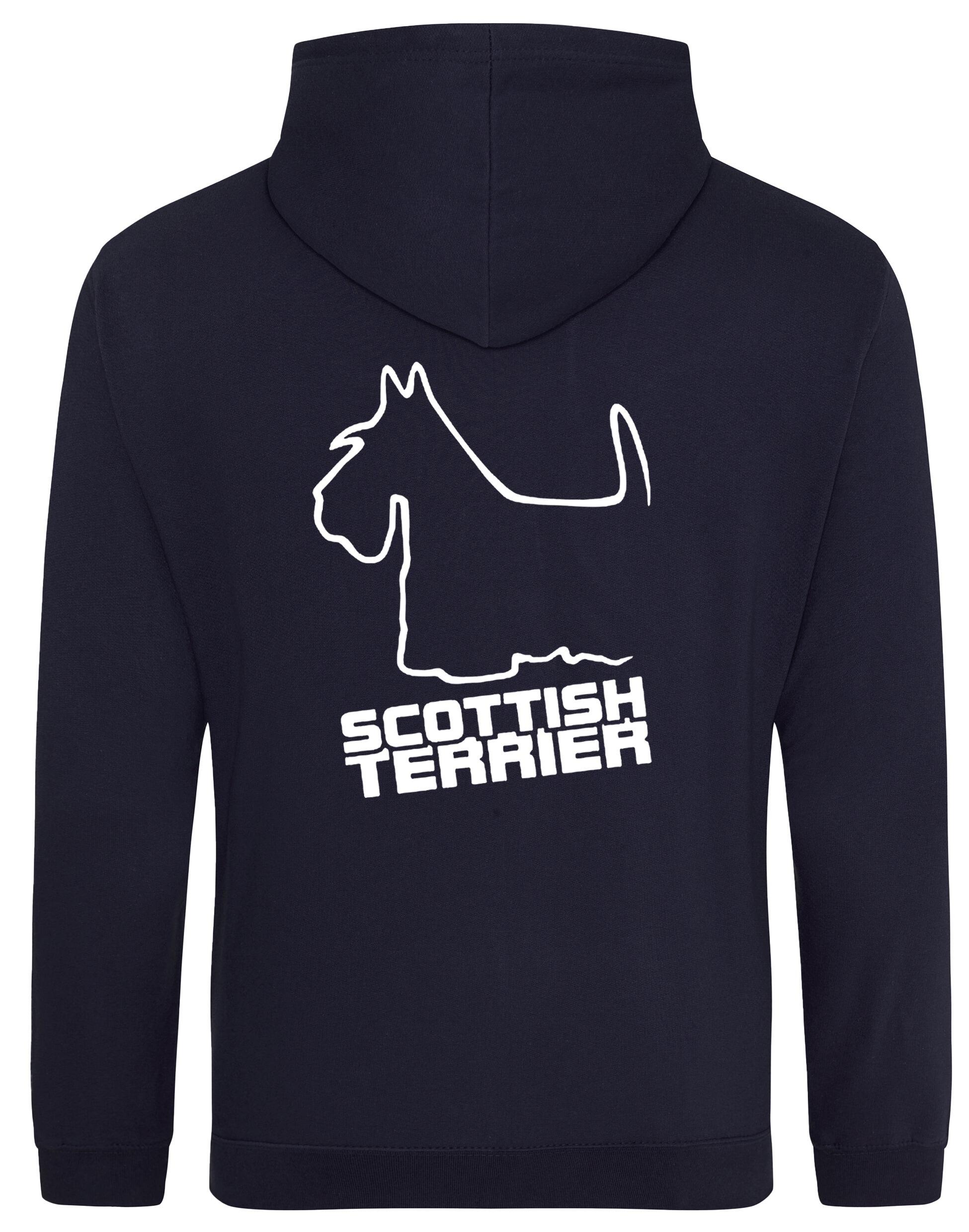 Scottish Terrier Design Pullover Hoodie with exclusive artwork, heavy-blend fabric, double-fabric hood, and paw print detail.