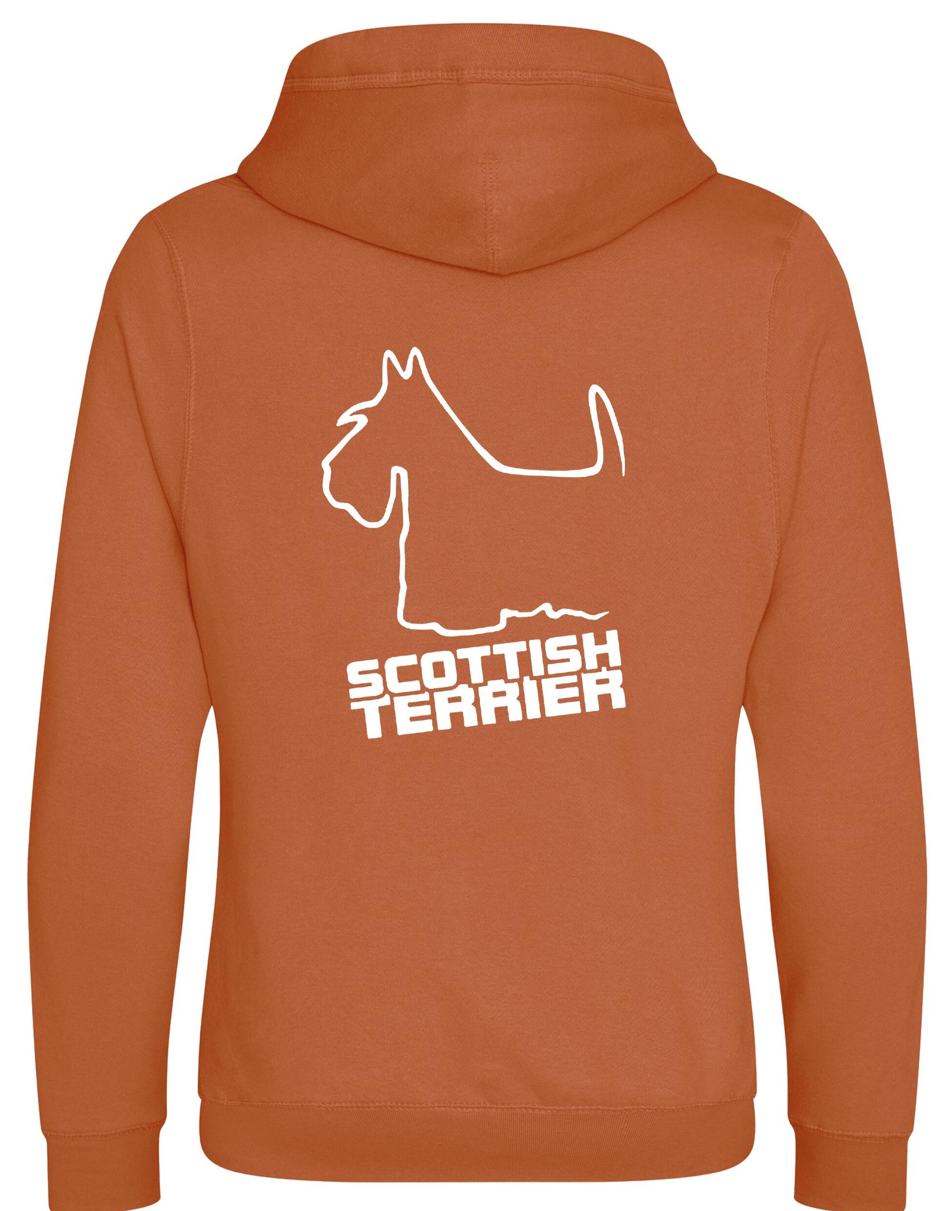 Scottish Terrier Crossneck Pullover Hoodie with exclusive breed artwork, modern crossneck design, brushed fleece lining, and kangaroo pocket.