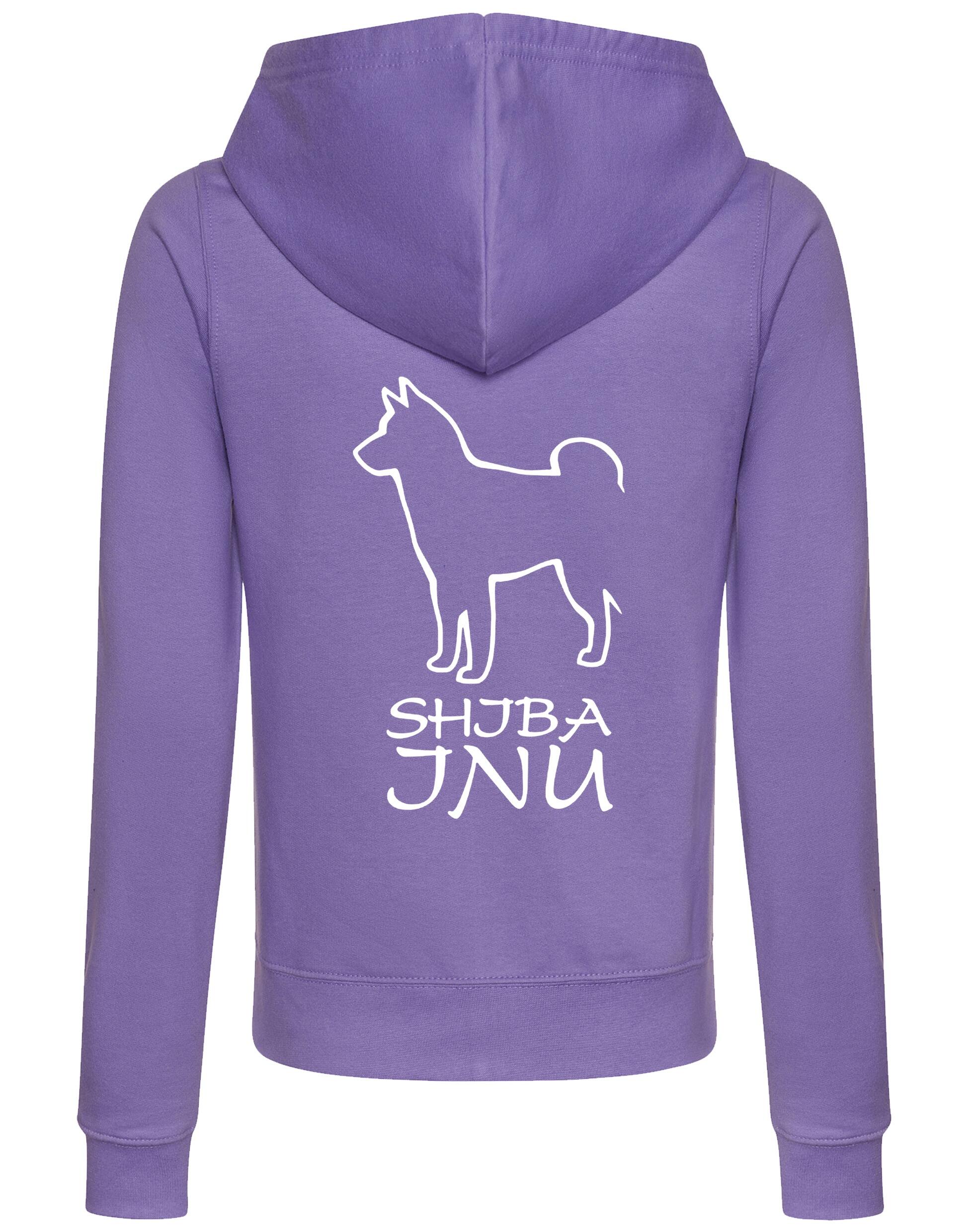 Women’s zipped hoodie with exclusive Shiba Inu artwork on the back, featuring a tailored feminine fit, cozy hood, and front pockets – perfect for stylish comfort and dog breed pride.